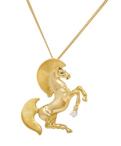 Gayle Bright 1986 18 Karat Two-Tone Gold Diamond Vintage Horse Pendant Necklace