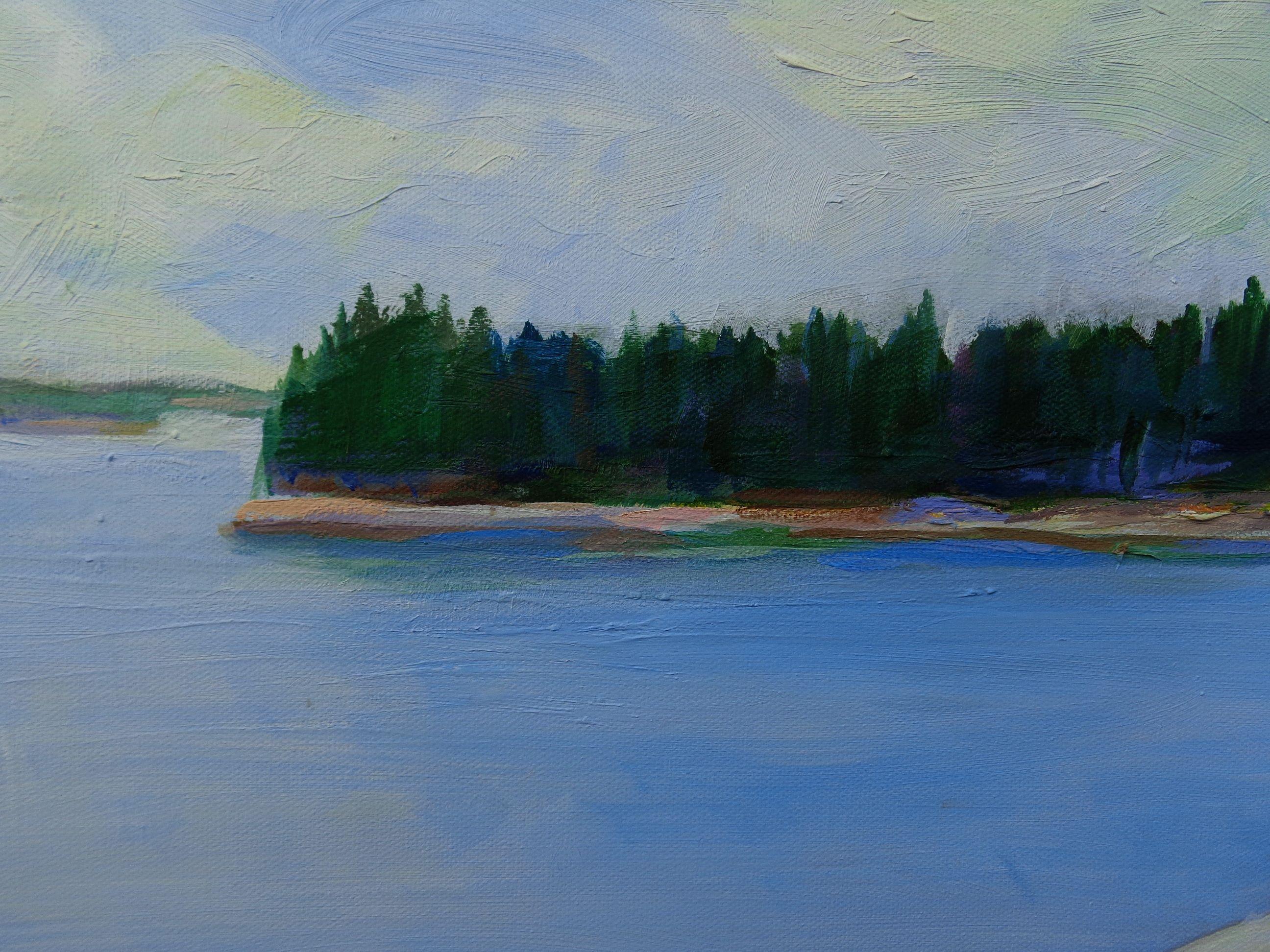 Off of the coast of northern Maine, the ocean is dotted with small  islands offshore. The colors are cool - blues, whites and greys. And pine trees somehow manage to  grow and withstand  the limited soil and harsh weather.  It's a remote, serene