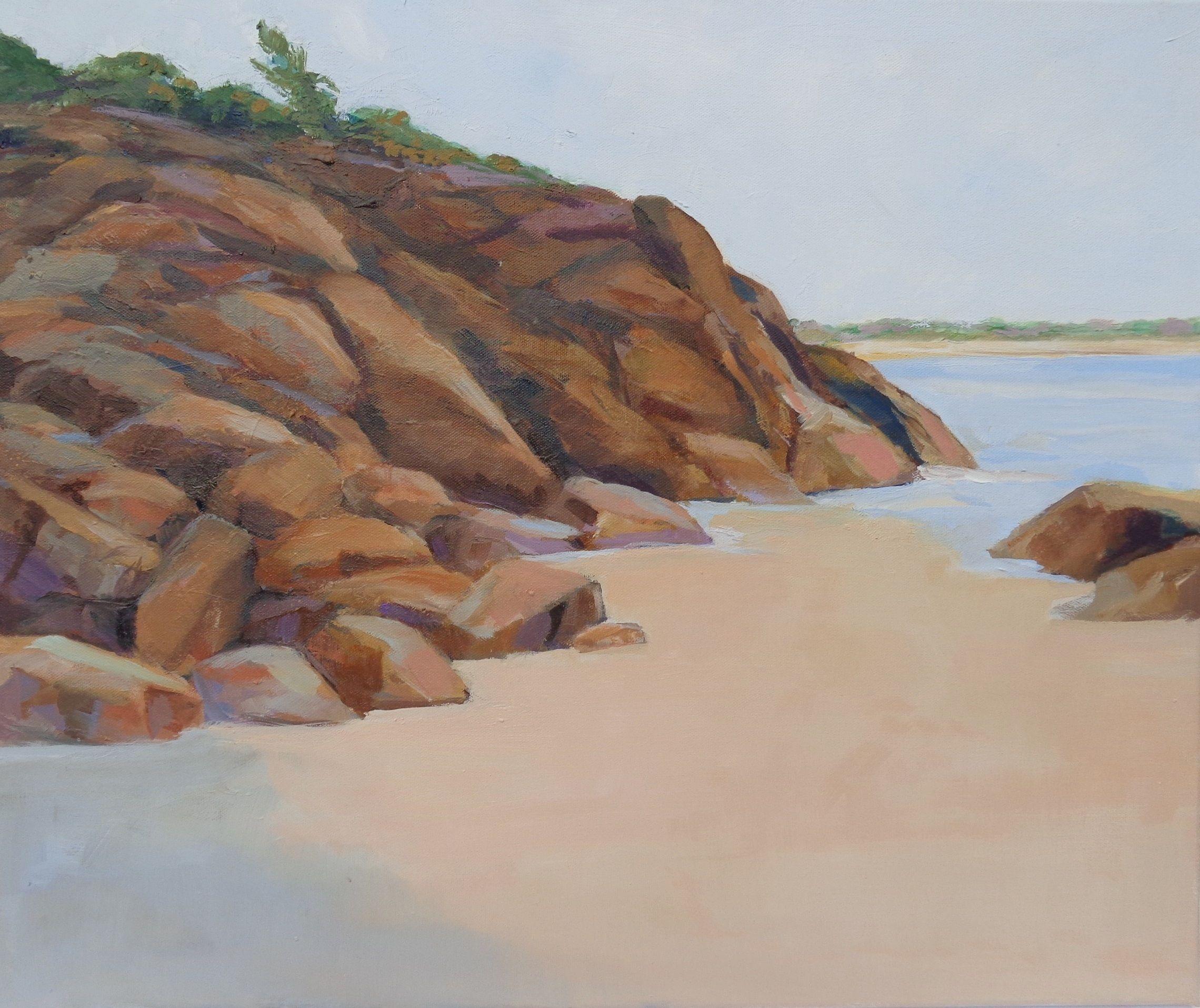 Only accessible at low tide, Little Beach has a quiet enduring presence. I worked to create this by the solidity of the cliffs, the open space of the beach, and the tones in the image. :: Painting :: Impressionist :: This piece comes with an