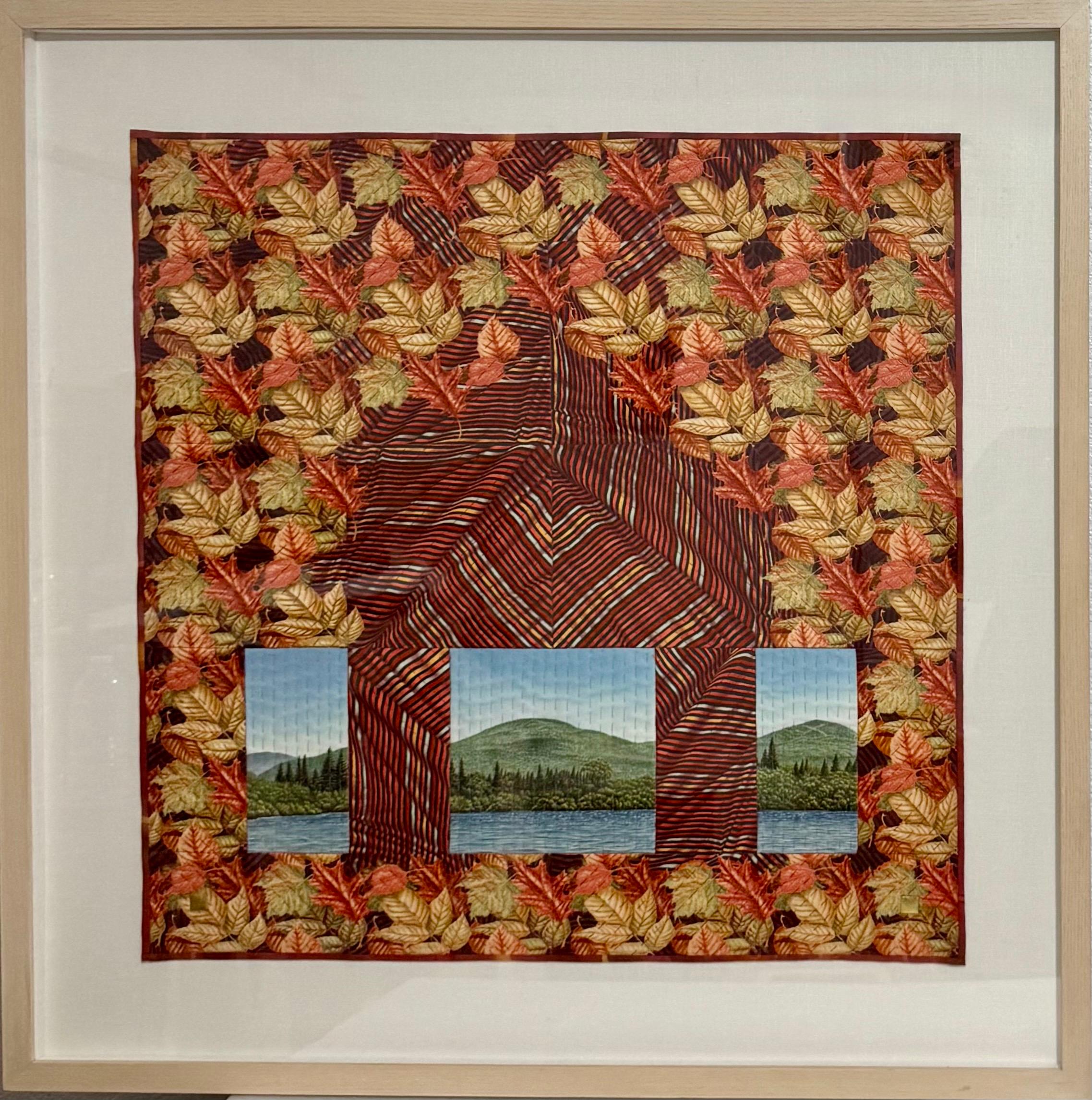 Gayle Fraas and Duncan Slade (American, 20th Century) 
Mixed Technique Textile Art  
Dye painted and printed on cotton fabric, machine and hand stitched, fused metal foil (gold leaf).
2002 
'North Woods Suite' 
This listing is for one piece. i am