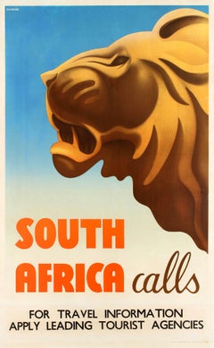 Original Vintage Art Deco Style Travel Poster Feat. A Lion - South Africa Calls