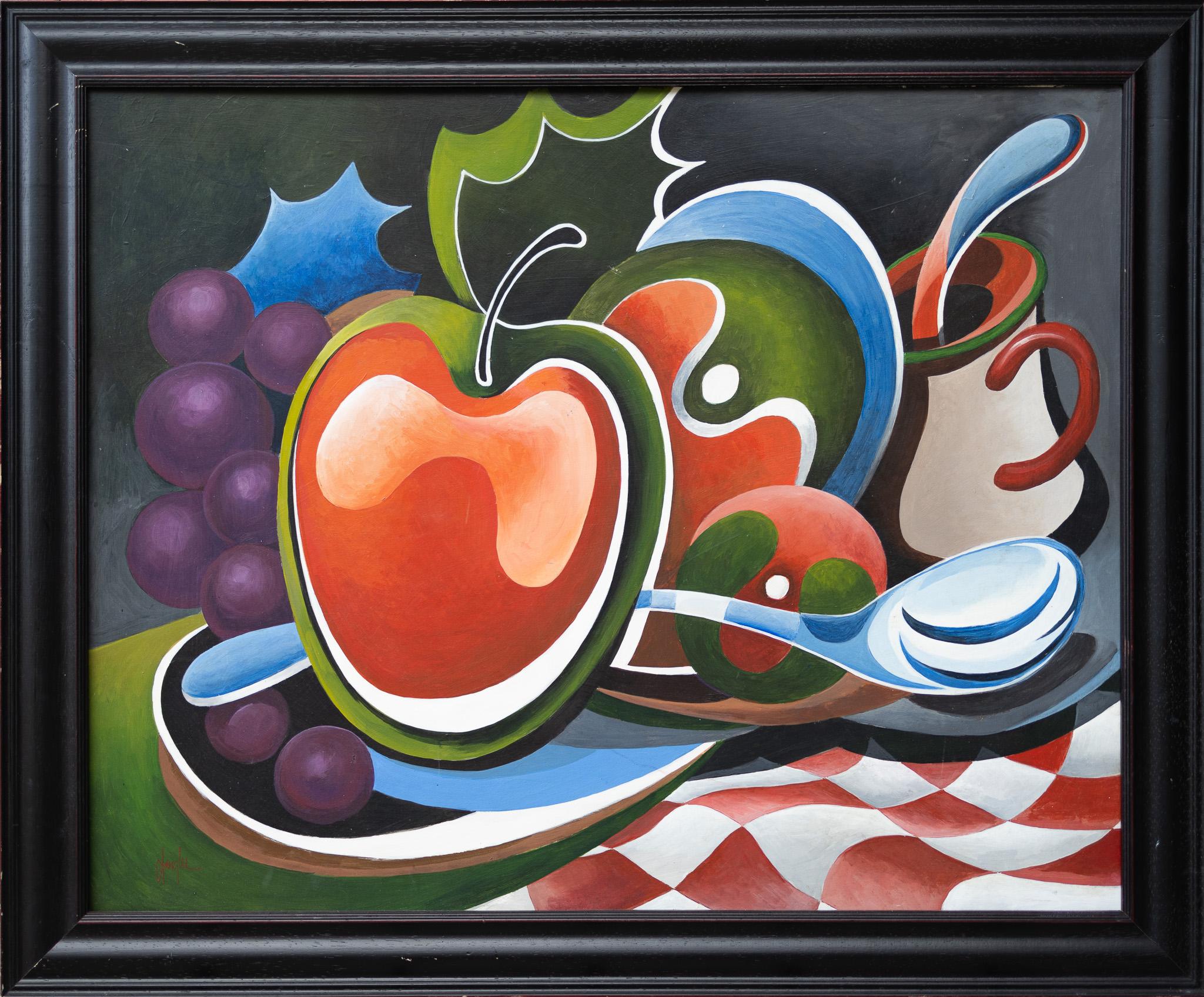 Still Life with Apples, Cup, and Spoon - Painting by Gaylon Dingler