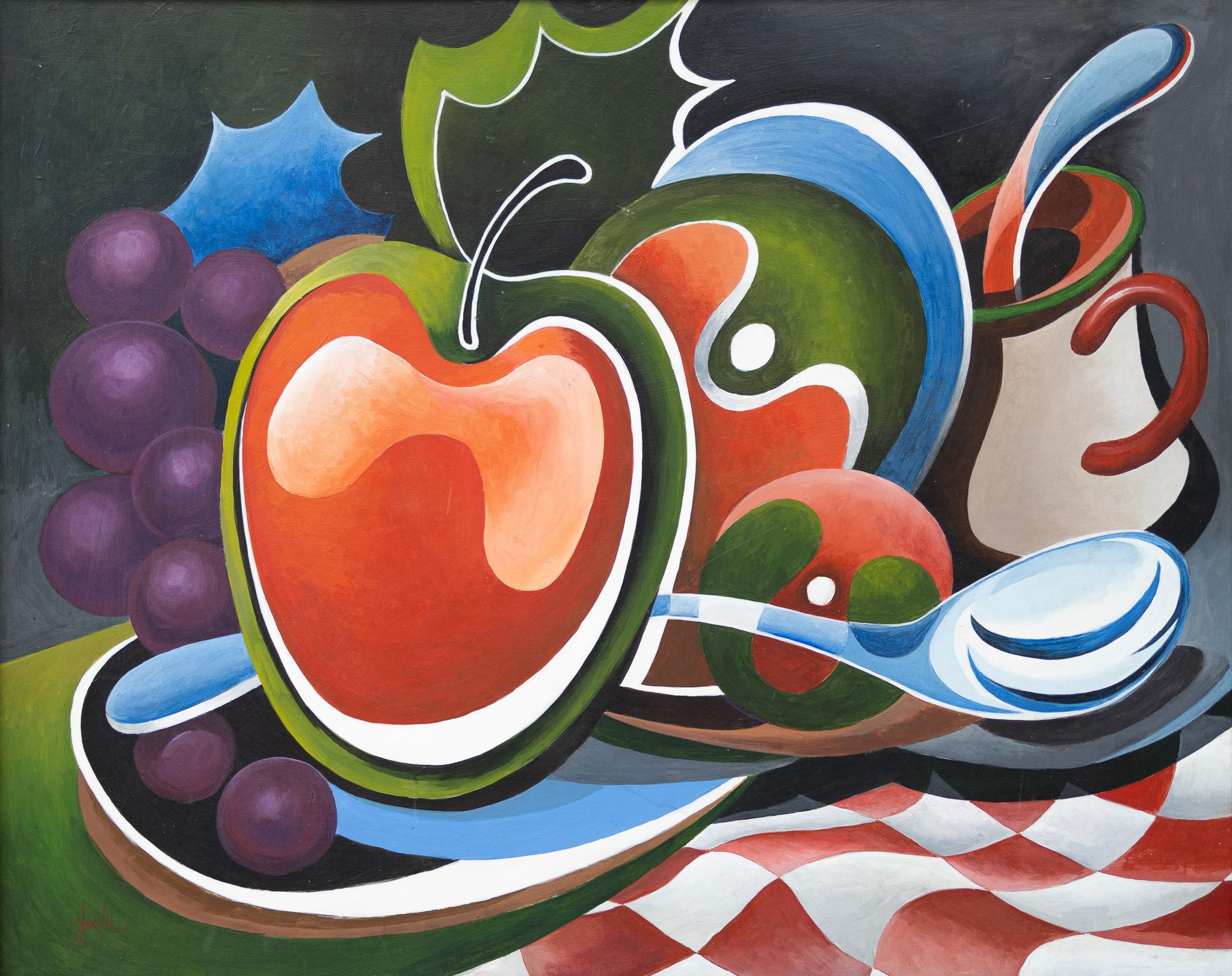 Gaylon Dingler Still-Life Painting - Still Life with Apples, Cup, and Spoon