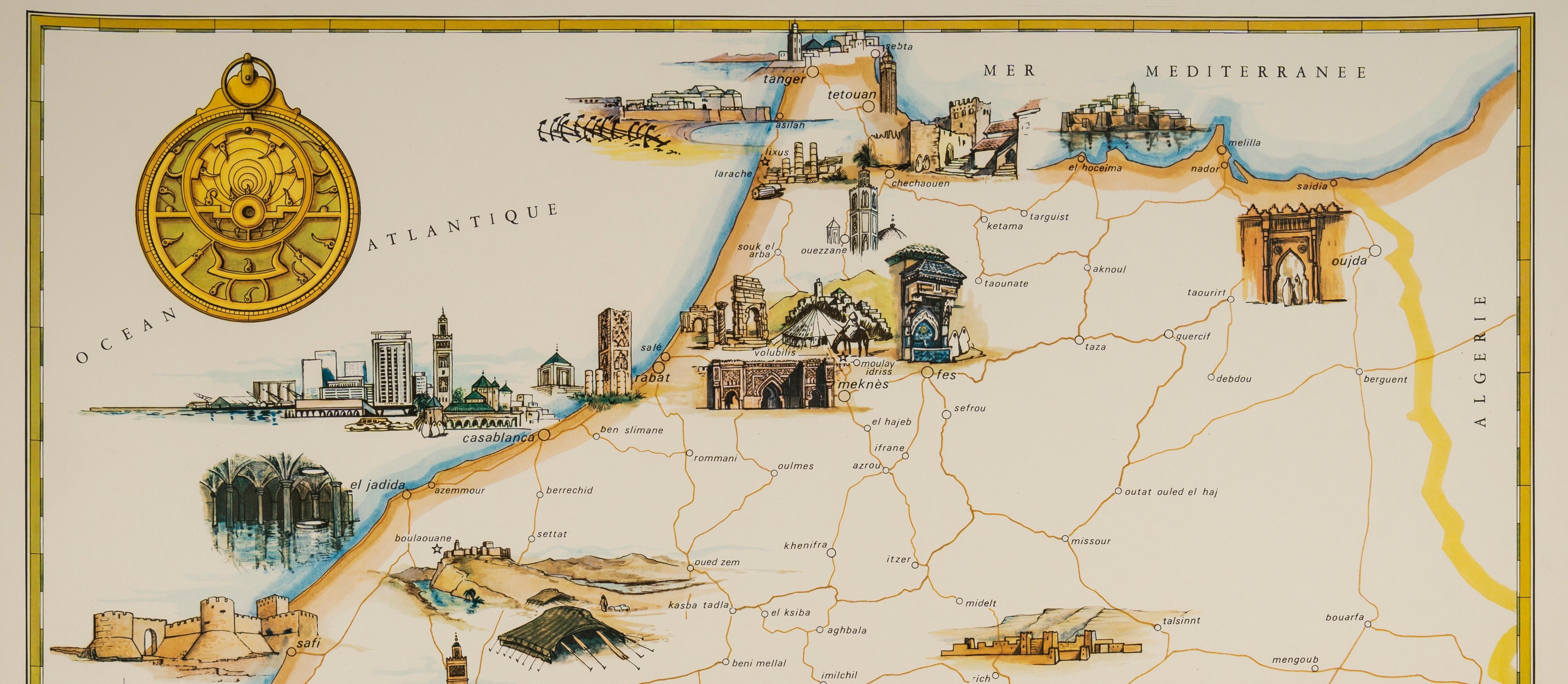 Poster created by the artist Gayraud around 1950 and published by Royal Air Maroc to promote tourism in Morocco. 

Artist: Gayraud M.
Title:  L’architecture – Royal Air Maroc
Date: circa 1950
Size (w x h): 20.9 x 25.2 in / 53 x 64 cm
Printer: Imp.