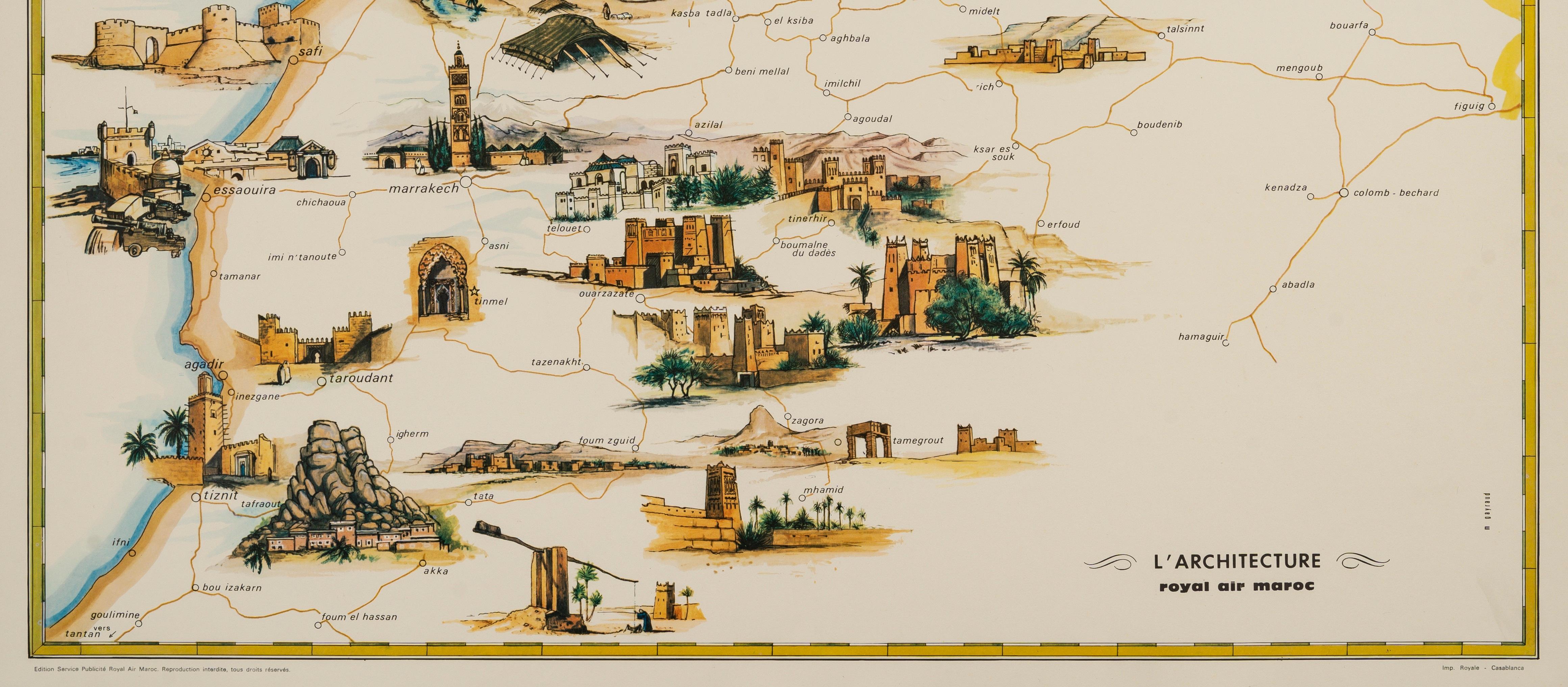 Mid-Century Modern Gayraud, Original Vintage Poster, Morocco Map, Royal Air Maroc, Essaouira, 1950 For Sale
