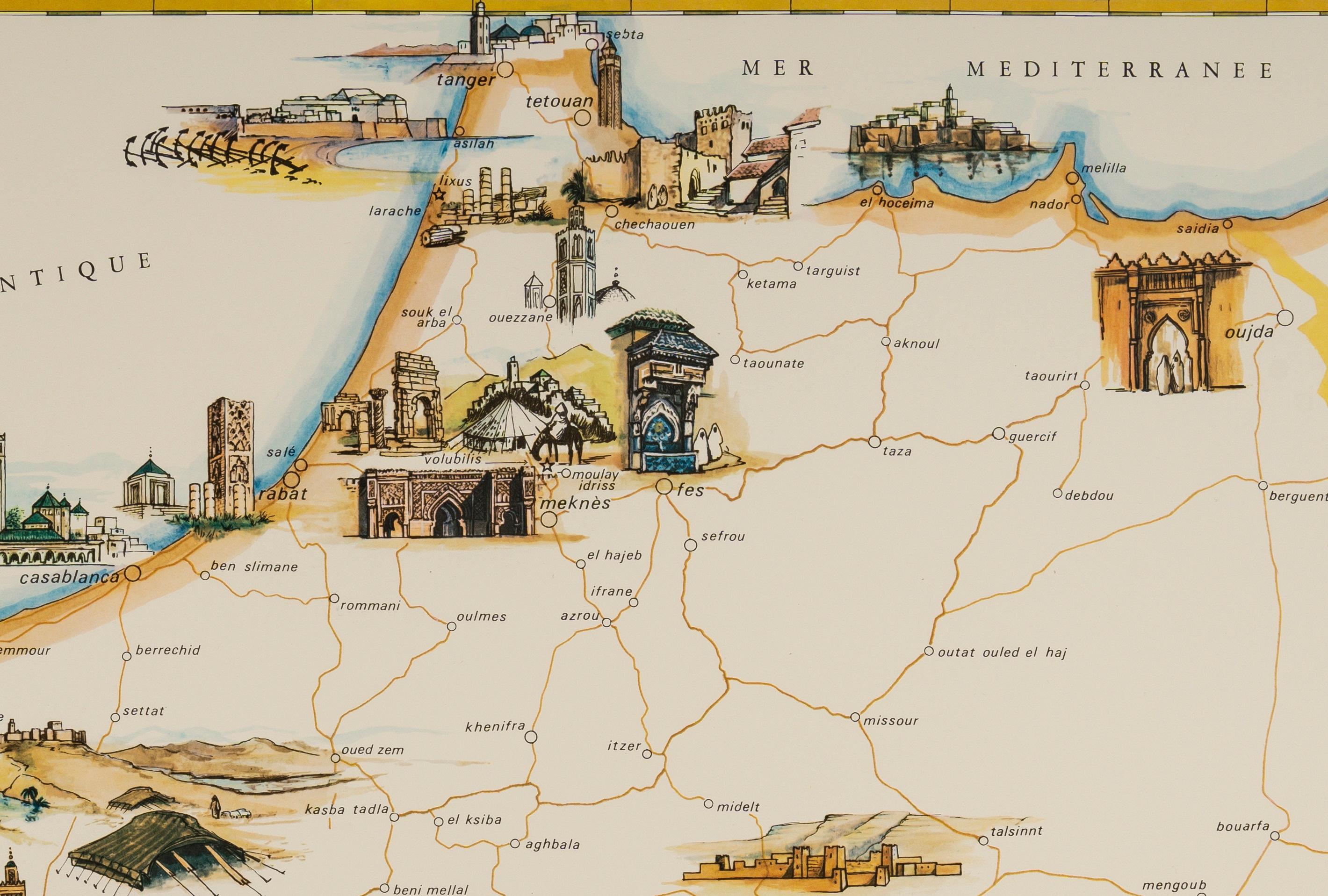 Mid-20th Century Gayraud, Original Vintage Poster, Morocco Map, Royal Air Maroc, Essaouira, 1950 For Sale