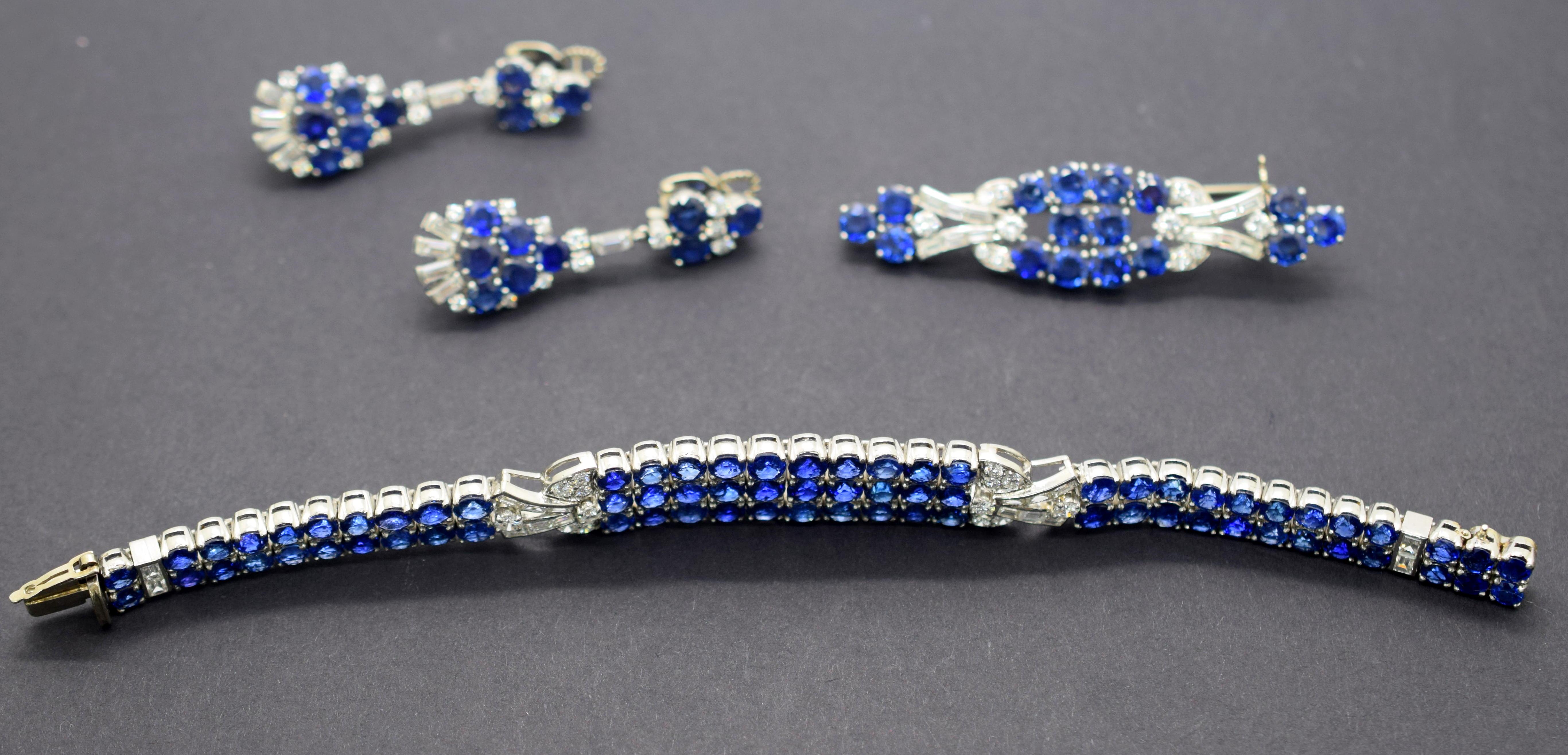 Beautiful Sapphire and Diamond brooch by famed designer Gazdar. This bracelet has a very unique design. The natural Sapphires have a rich blue color all measuring  4.0-4.6 x 2.55 mm to 4.7-4.6 x 3.01 mm  seventy seven (77) stones in total. These