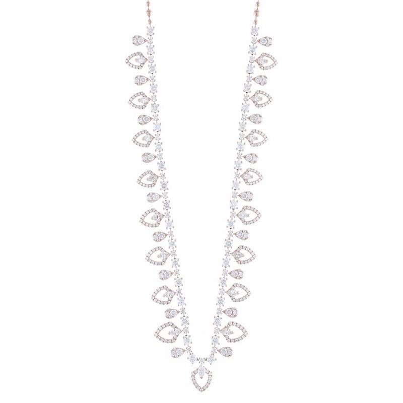 Diamond Total Carat Weight: This exceptional Gazebo necklace features a total carat weight of 10.5 carats, showcasing 364 exquisite round diamonds and 17 marquise diamonds, creating a resplendent and opulent piece of jewelry.

Gold Setting: Crafted