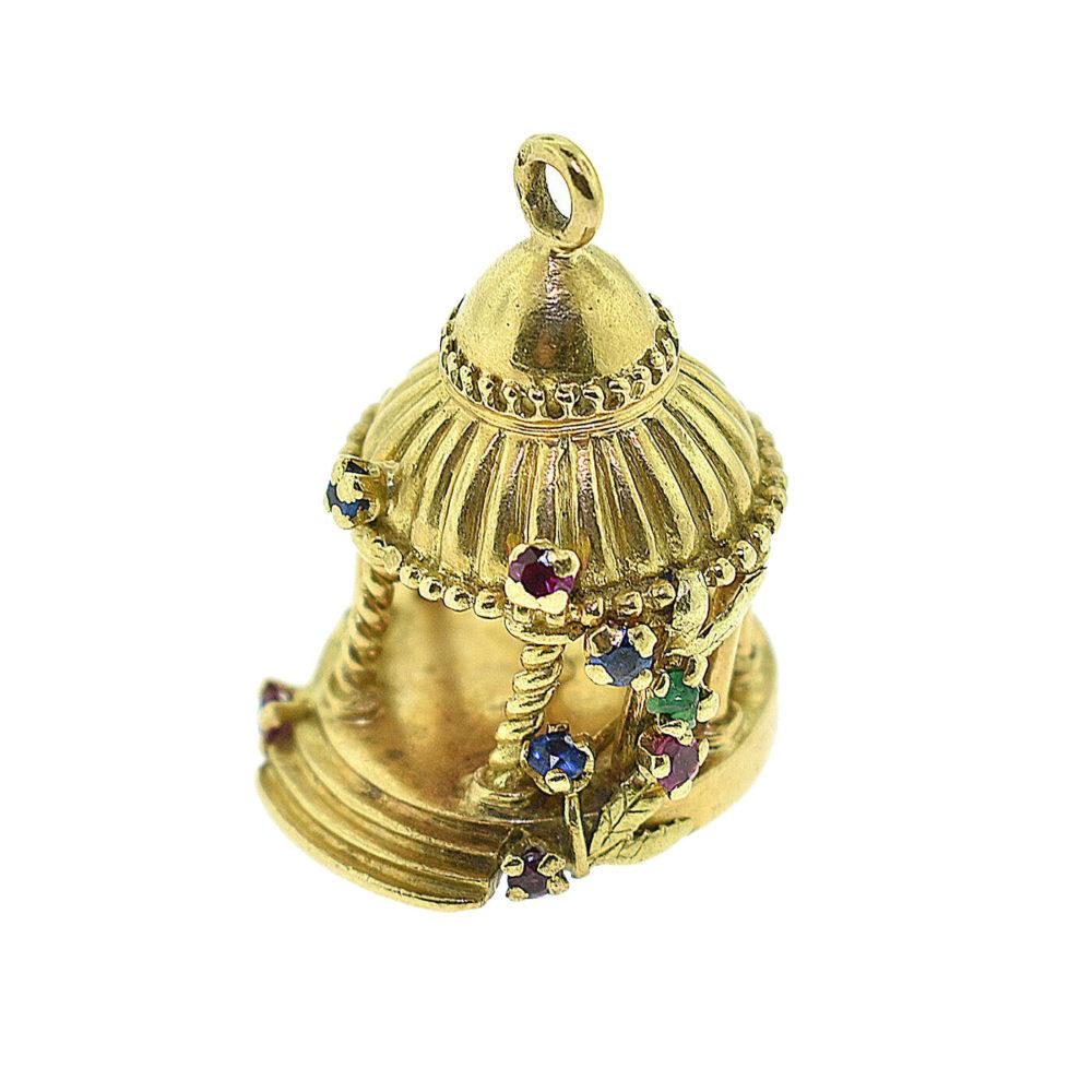 Gazebo Heart Charm Surrounded by Multi-Color Sapphires Pendant In Good Condition In Miami, FL