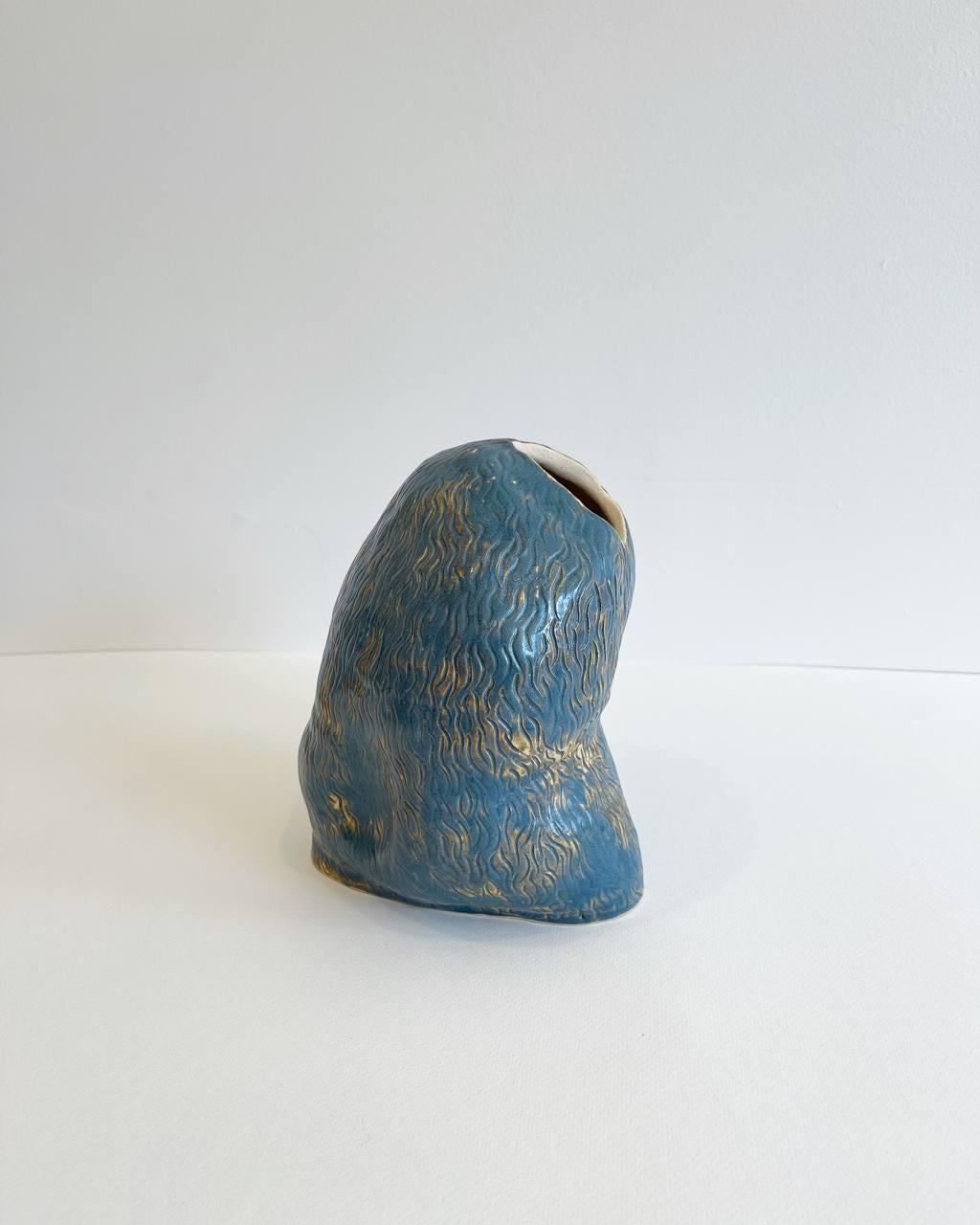 Blue stoneware glazed abstract expressionist vase  - Sculpture by Gazelle Bastan