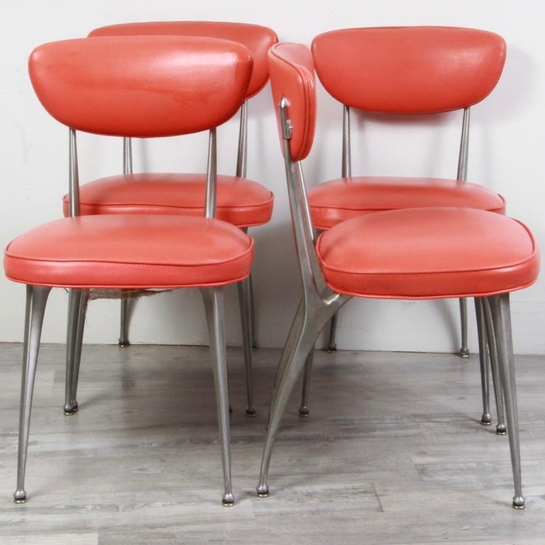 Very presentable set of vintage Shelby Williams Gazelle chairs with original peach colored Naugahyde. Good to go for a few more years, or recover to your heart's content. Either way these are very stylish chairs from the 60s that are very much in