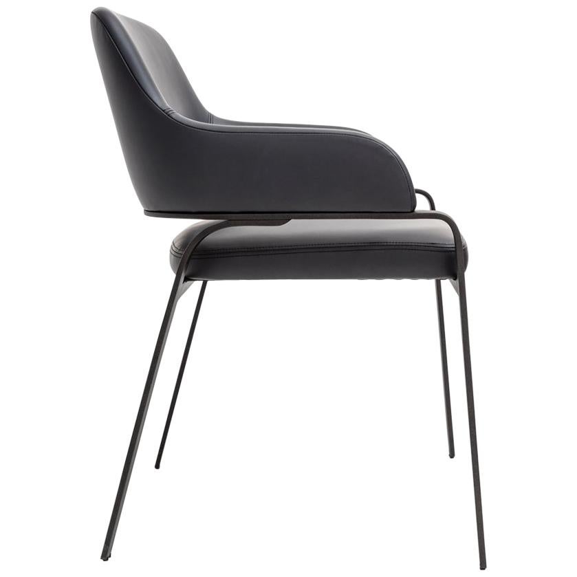Gazelle Dining Chair with Arms, Contemporary Jet Black Metal Base, Grey Leather For Sale
