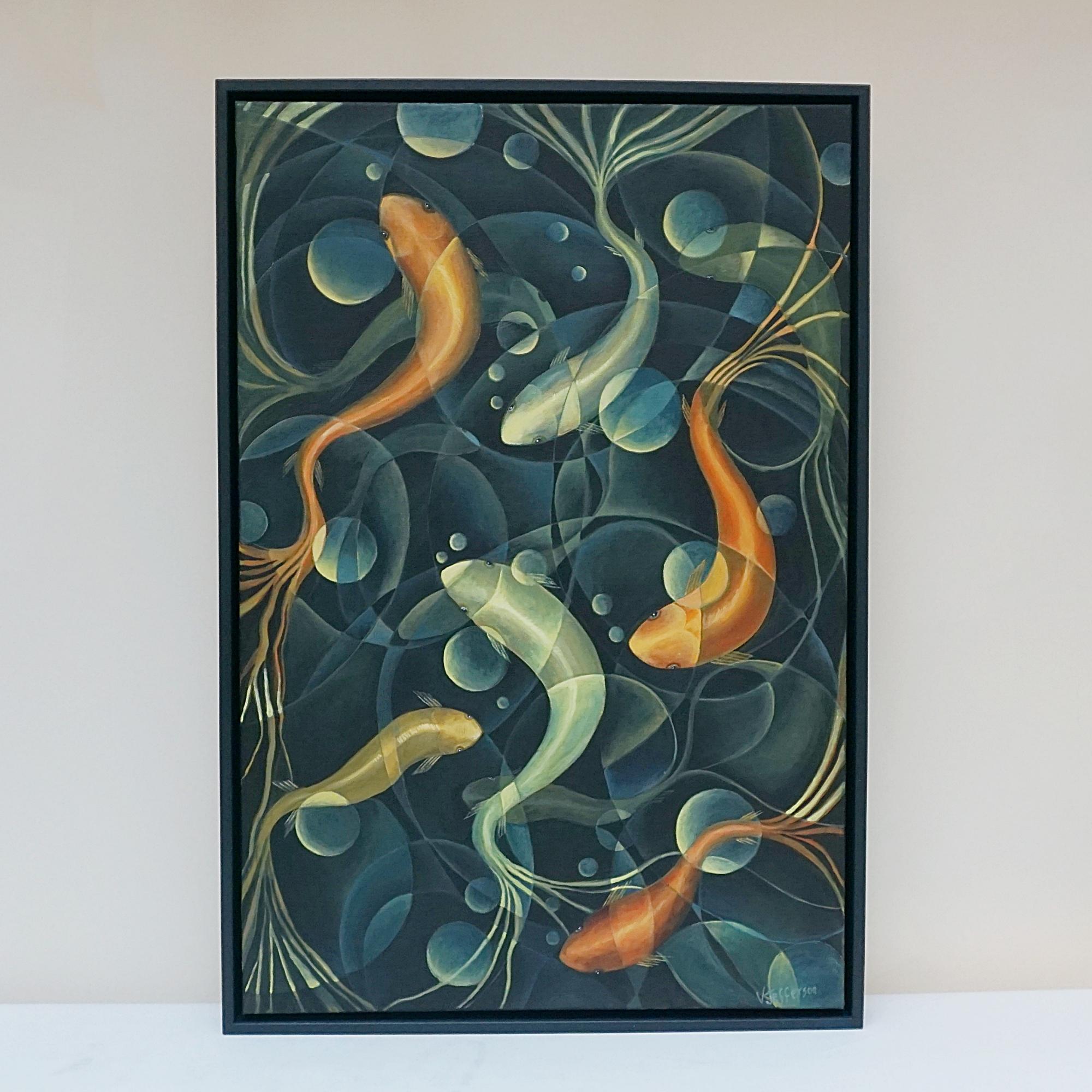 'Gazing Into The Pond' An Art Deco Style Contemporary painting by Vera Jefferson depicting swirling goldfish against a blue, stylised, abstract background. Signed V Jefferson to lower right. 

Dimensions: H 93cm W 63.5 D 5cm

 Vera Jefferson trained