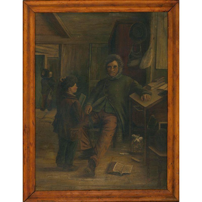 An unusual and detailed early 20th Century interior scene in oil by the artist 'G.B.', depicting a school teacher with his pupil. The setting is characteristic of a late 19th Century schoolroom, with strewn books and ephemera. The artist has