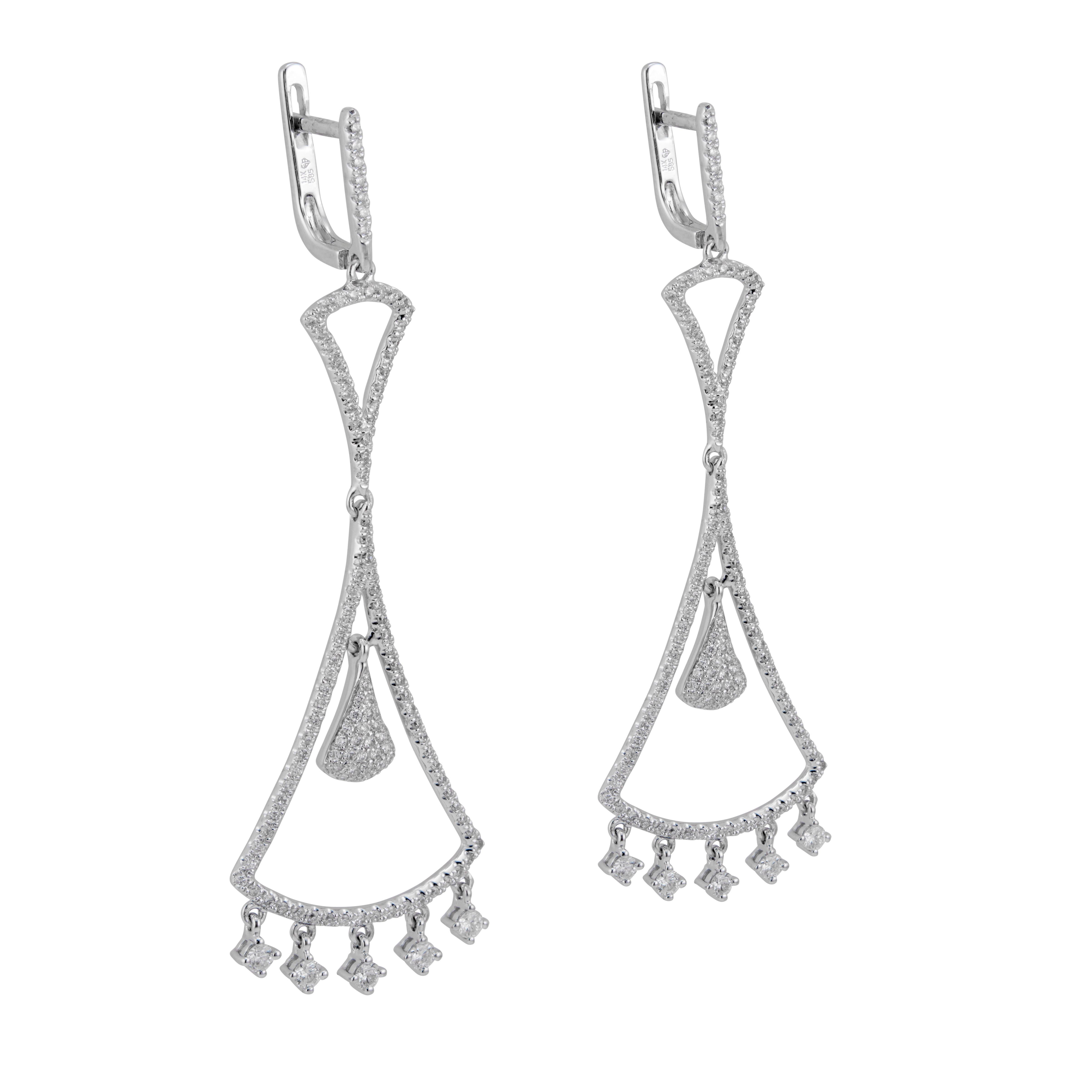 Designer GB diamond earrings. 254 round cut diamonds in 14k white gold chandelier dangle earrings with pave diamond dangles.   Post and hinged clip top.

254 round diamonds, approx. total weight 1.11cts, F-G, VS – SI
14k white gold
Tested and