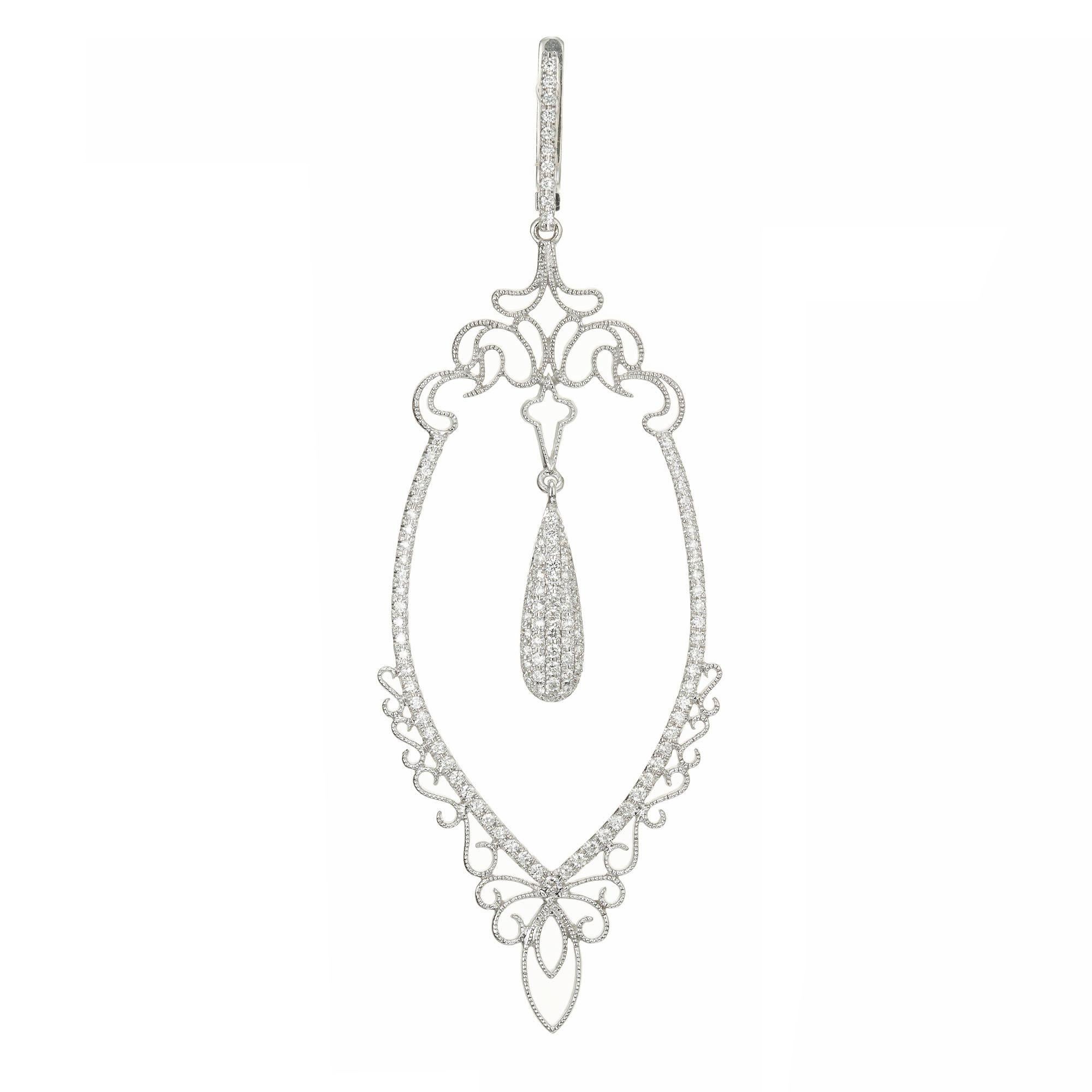 Diamond dangle chandelier earrings. 234 round and single cut micro pave diamonds, set in 14k white gold open work settings. Signed GB 14k 585. Lever backs.  

234 round & single cut diamonds, approx. total weight .96cts, F-G, VS1 – SI1
14k white