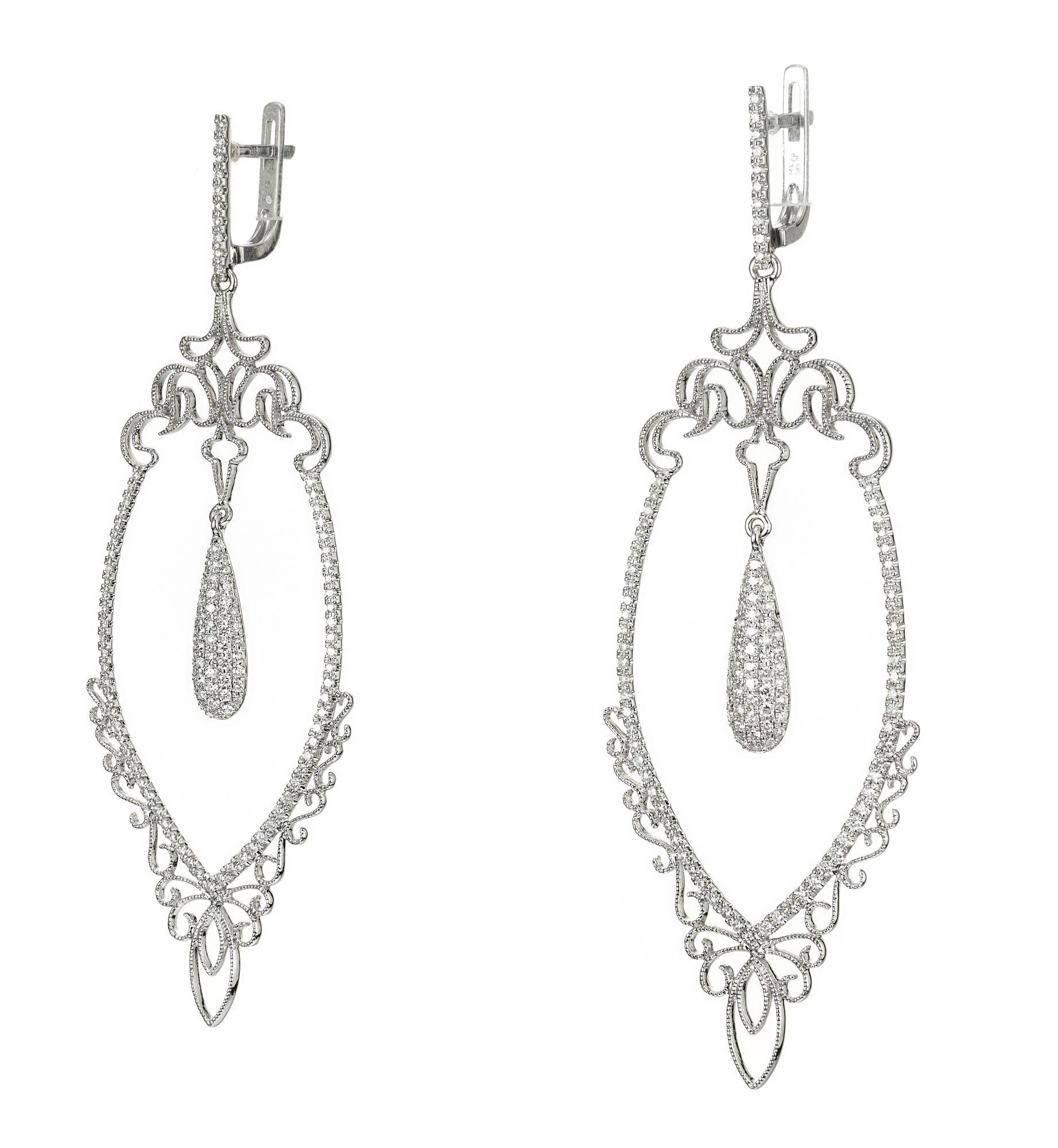 GB Pendientes de araña largos de oro blanco con diamantes de 0,96 quilates Corte redondo en venta