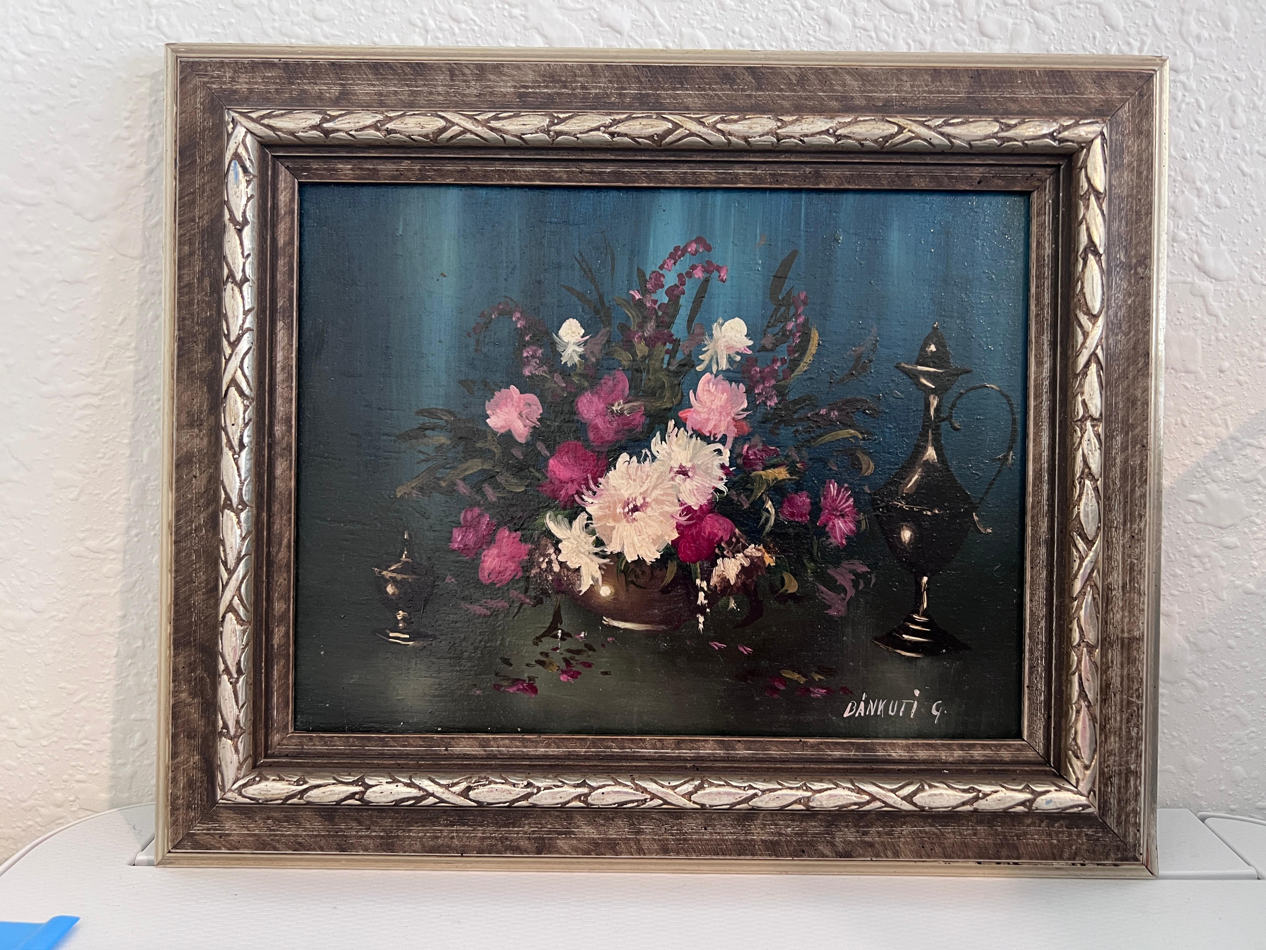 G. Bankuti Pequeño óleo vintage sobre tabla, bodegón, flores, enmarcado - Painting de G.Bankuti