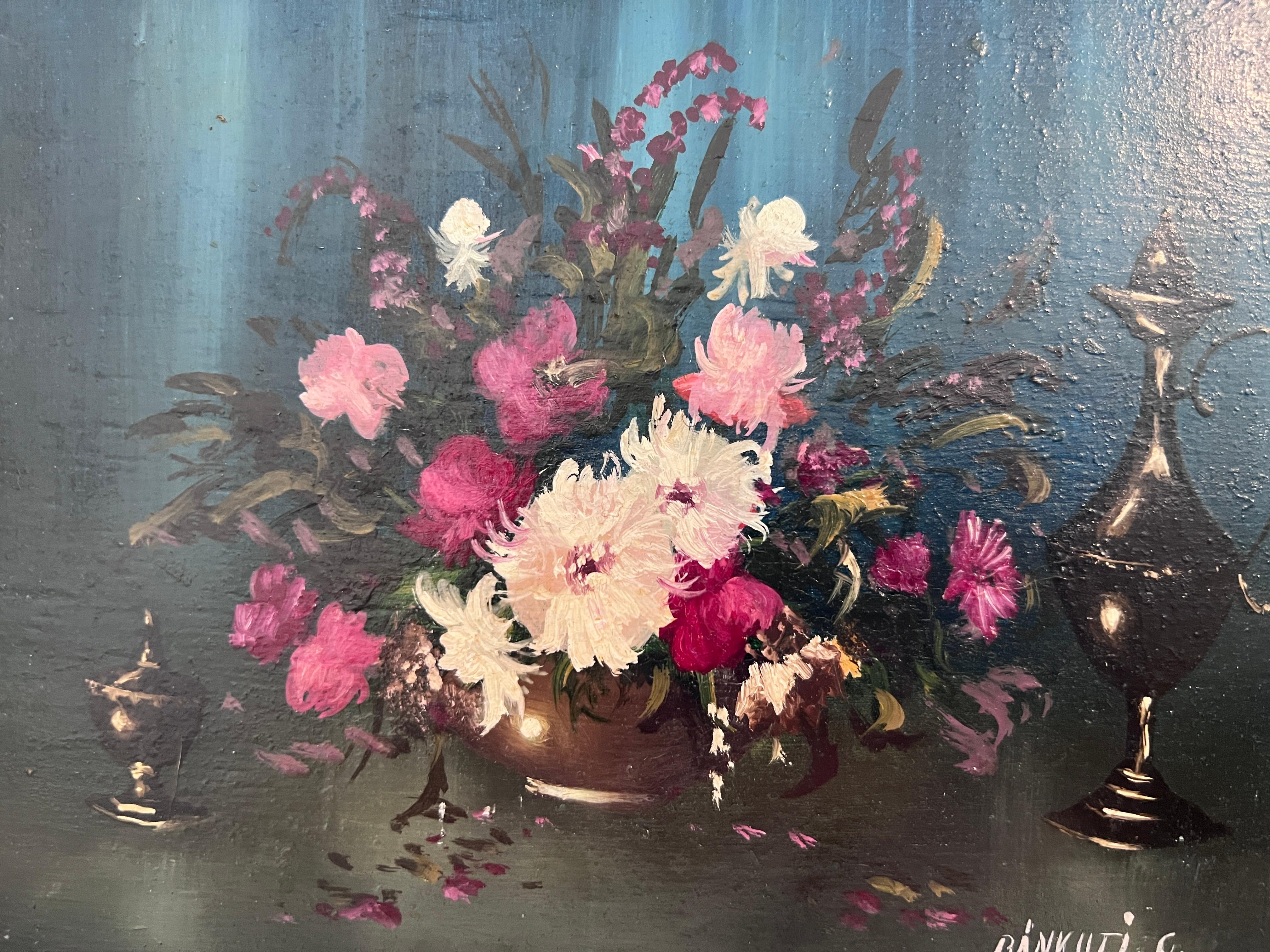 G. Bankuti Pequeño óleo vintage sobre tabla, bodegón, flores, enmarcado - Painting Realista de G.Bankuti