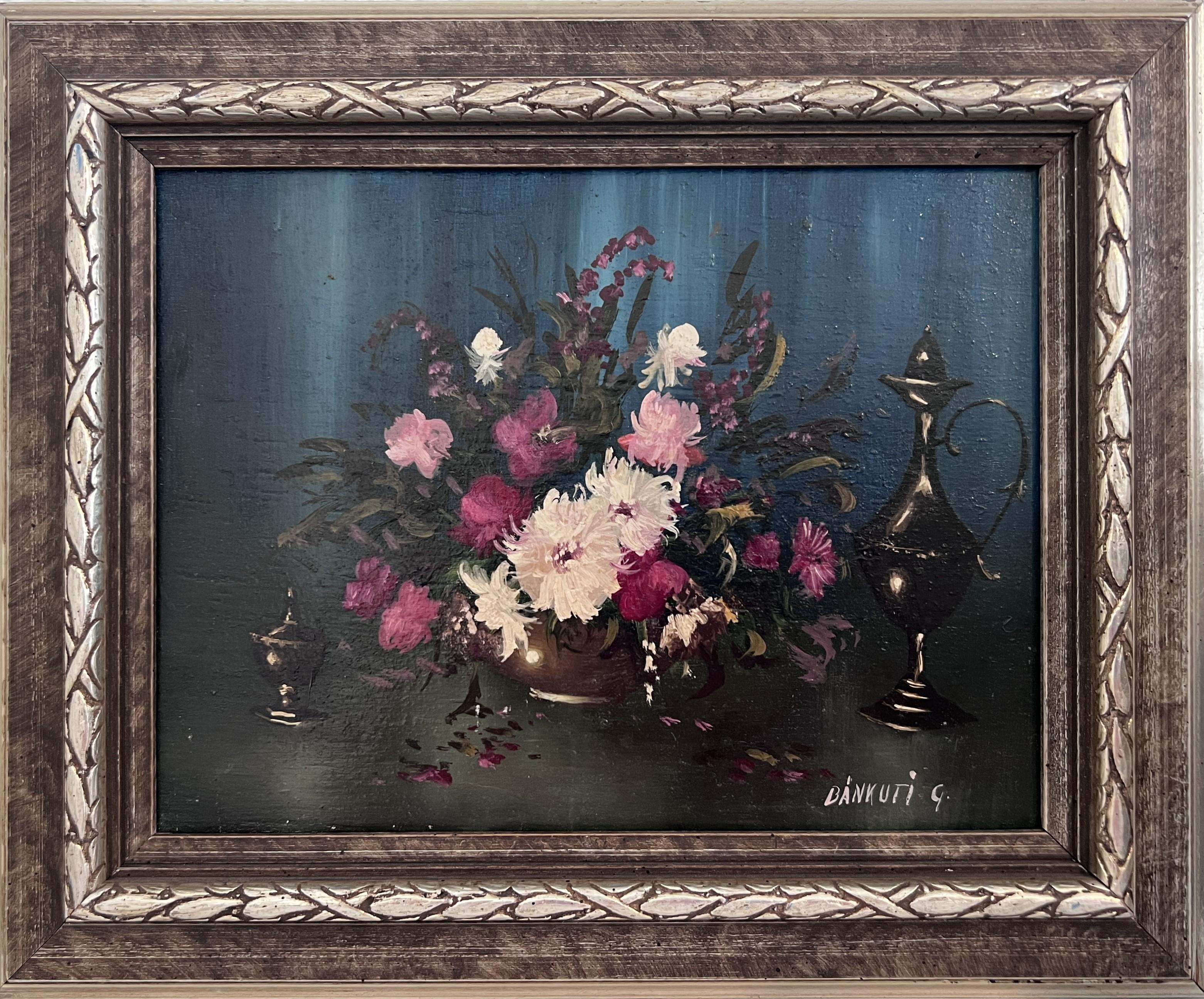 Still-Life Painting de G.Bankuti - G. Bankuti Pequeño óleo vintage sobre tabla, bodegón, flores, enmarcado