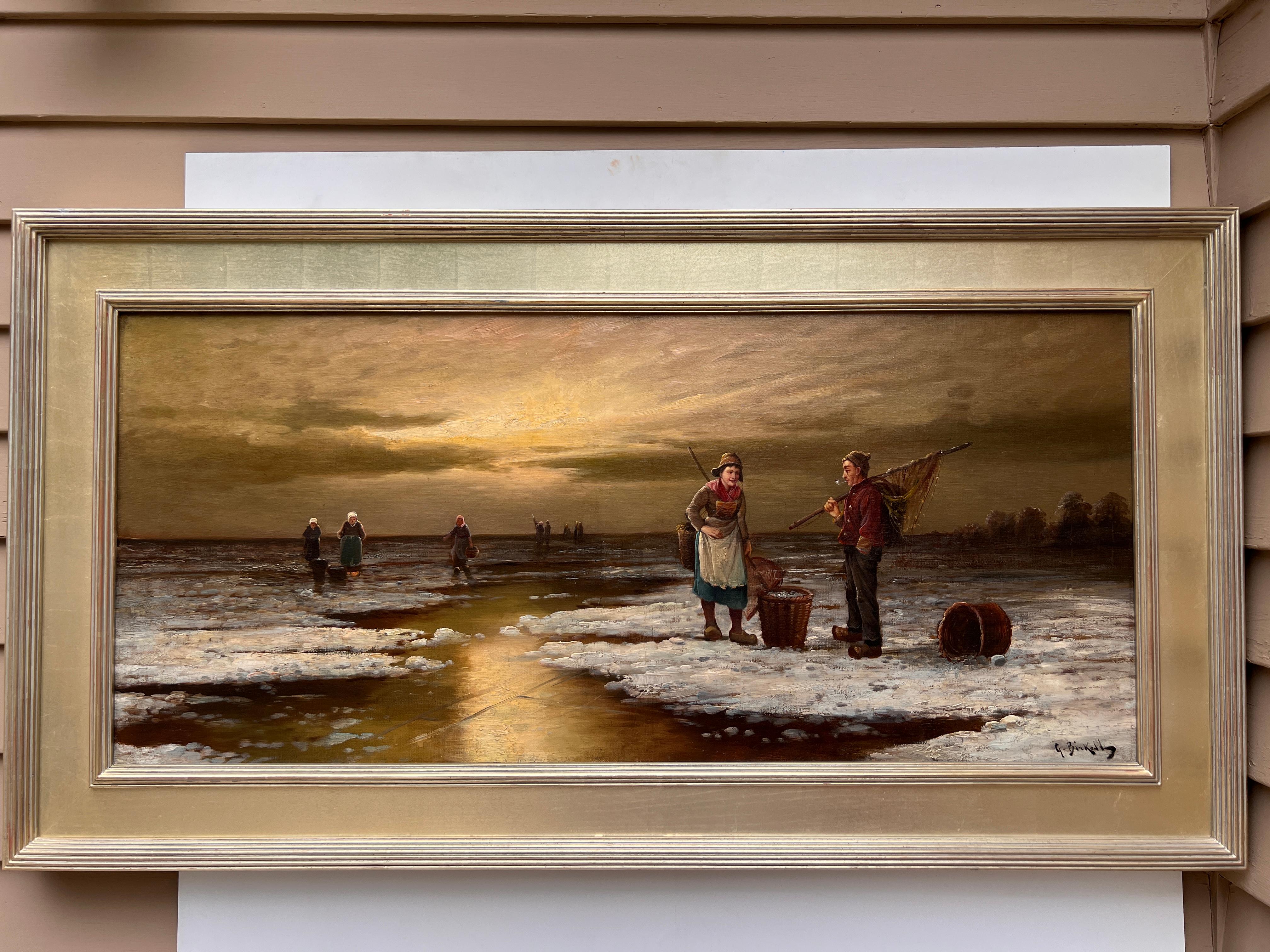 Up for sale is an original Large antique oil painting on canvas depicting a genre scene - winter canal scene - figures on the shore.

Signed in the lower-right corner by artist G. Birkett.

Condition: Painting relined, restored, cleaned. With a