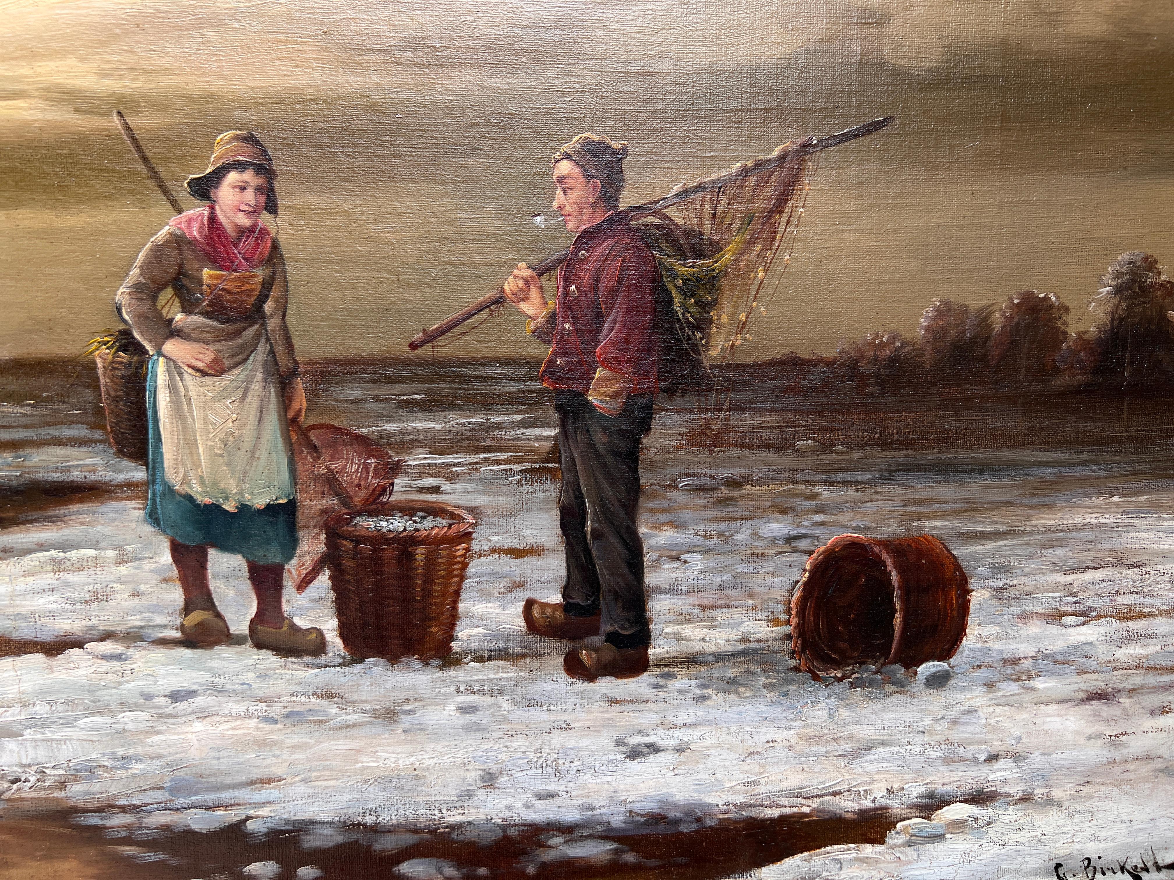 Grande Antico Olandese del 19° secolo A.I.C. G.Birkett pittura ad olio su tela Scena di genere Firmato 1