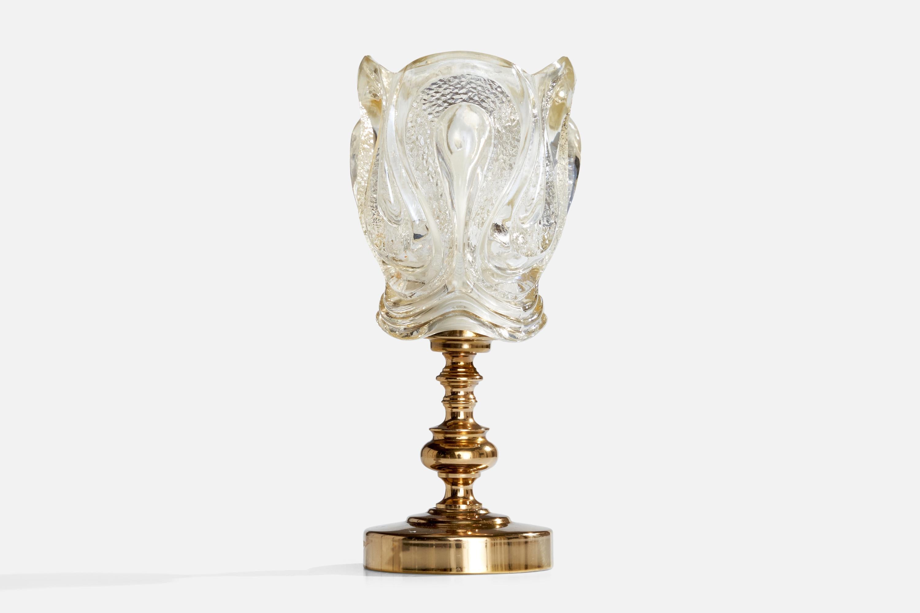 A brass and glass table lamp produced by GBW, Sweden, c. 1960s.

Dimensions of Lamp with Shade (inches): 10.75“ H x 4.75“ Diameter

Bulb Specifications: E-26

Number of Sockets (per fixture): 1

Sold with lampshade.

All lighting will be converted
