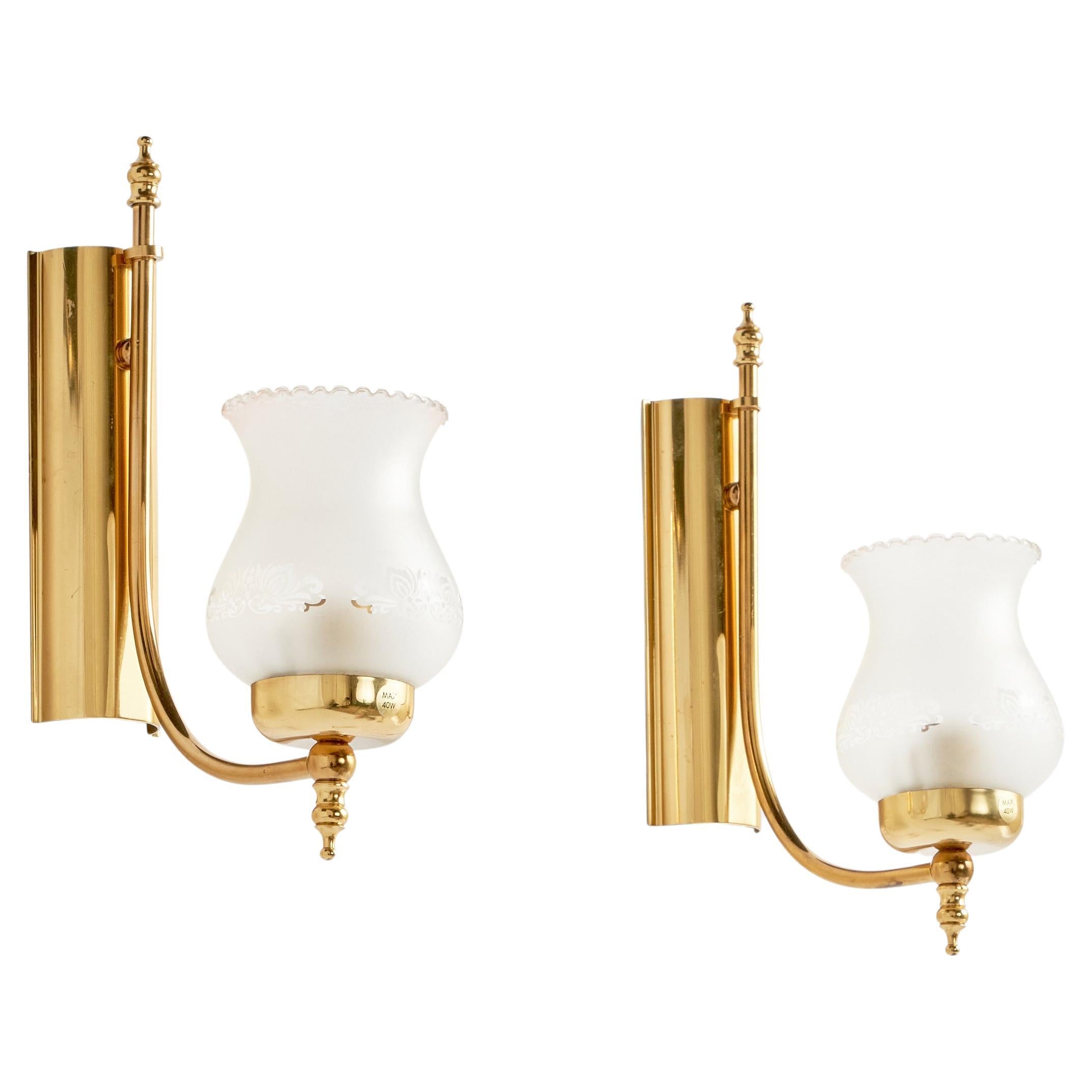 GBW, Wall Lights, Brass, Glass, Sweden, 1970s For Sale