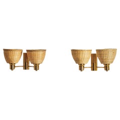 GBW, Wall Lights, Brass, Rattan, Sweden, 1950s