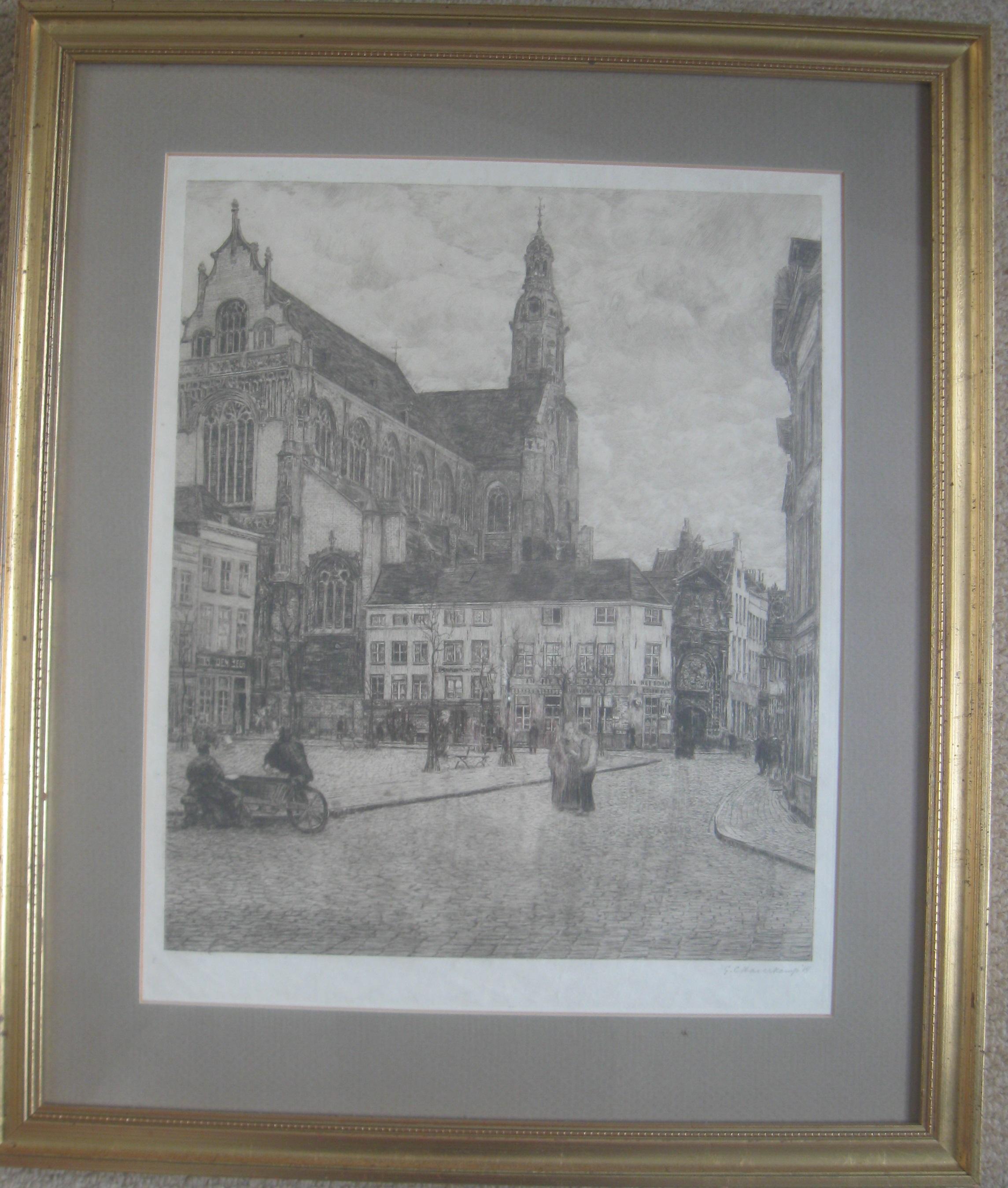 G.C. Haverkamp ( 1872-1926) Ansicht von Antwerpen, Veemarkt mit der St. Pauls Kirche, signierte Original-Radierung um 1914.
Feine Detailradierung in gutem Zustand . 
Antiker Rahmen aus Vergoldungsholz.