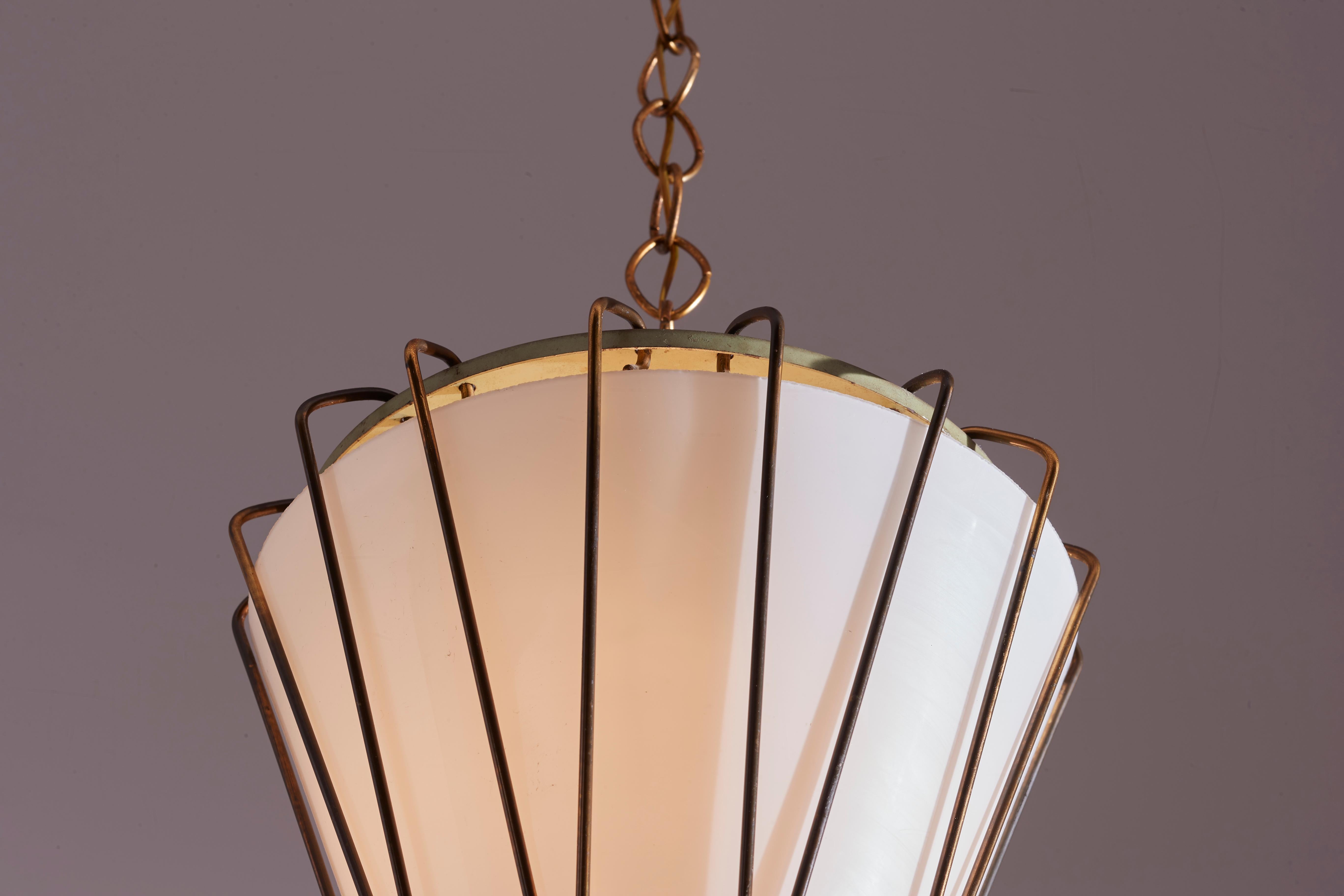 Italian G.C.M.E. pendant light with Opaline Glass, brass and Painted Metal, Italy, 1950s