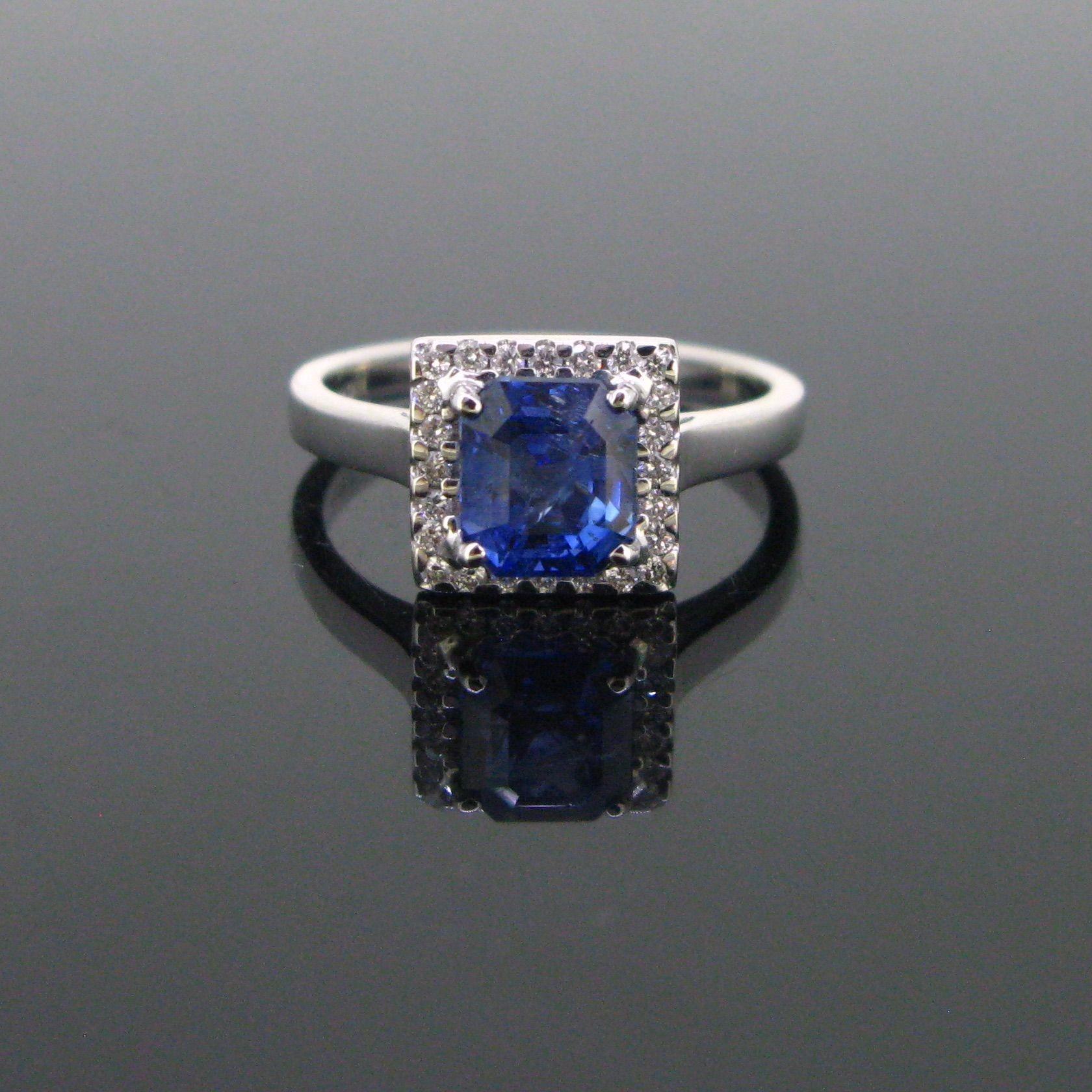 Weight: 4.40 gr
 
Metal: 18kt white gold 
 
Stones: Sapphire
• Cut: Cushion
• Carat: 2.21ct
• Comment: GCS report nº5774-531
• Origin: Sri Lanka (Ceylon)
No indications of heating
 
24 Diamonds
• Cut: Round Brilliant
• Total Carat Weight: 0.30ct