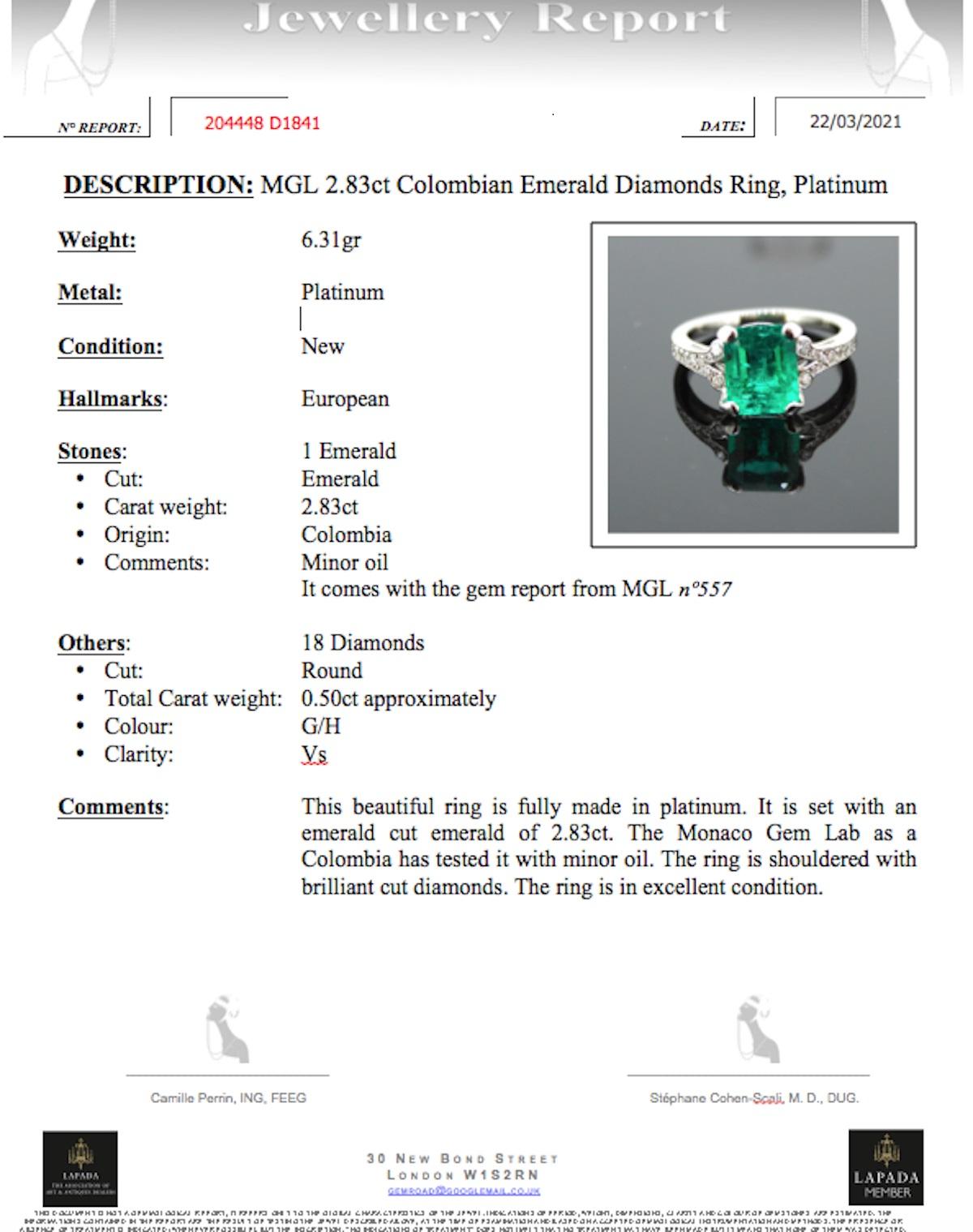 GCS 2.83ct Colombian Emerald Diamonds Ring, Platinum For Sale 1
