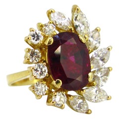 Vintage GCS 3.5 Carat Ruby and Diamonds Yellow Gold Engagement Cluster Ring