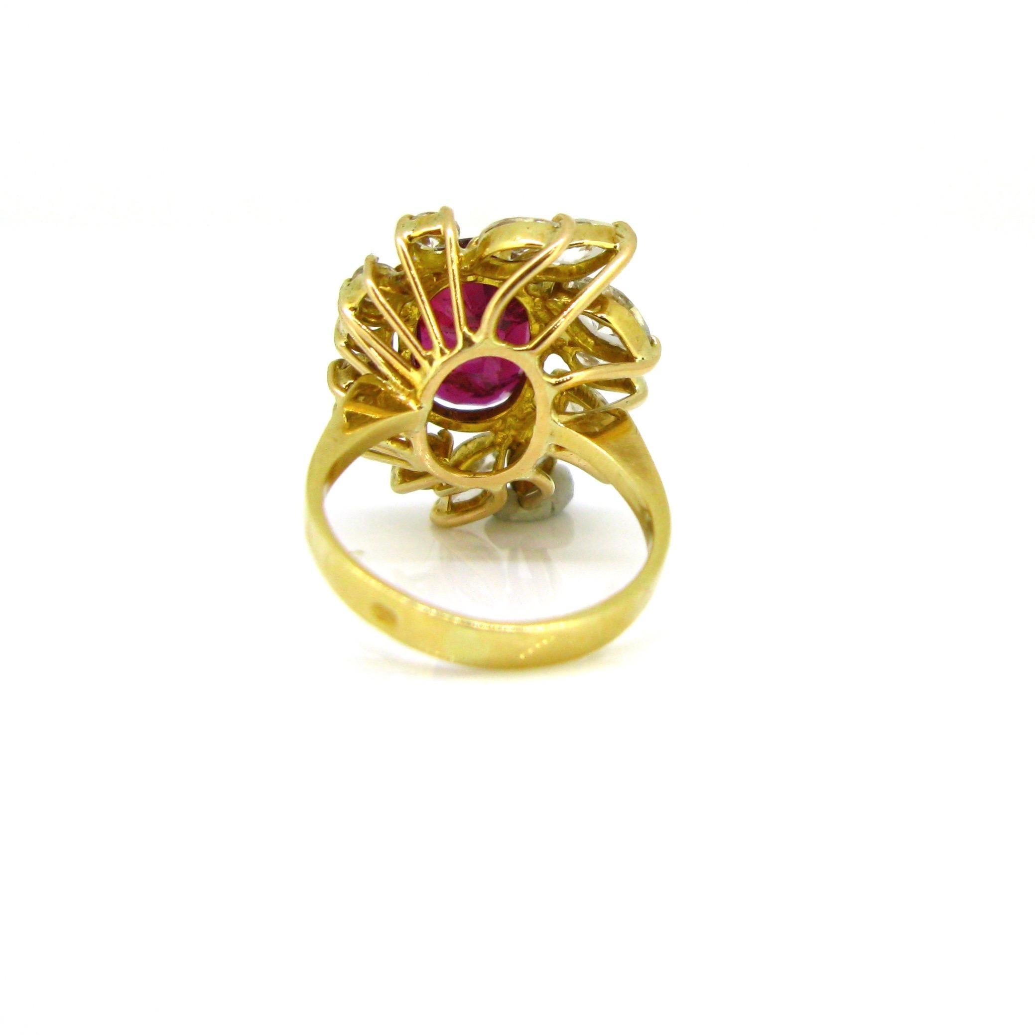 Cushion Cut GCS 3.5 Carat Ruby and Diamonds Yellow Gold Engagement Cluster Ring For Sale