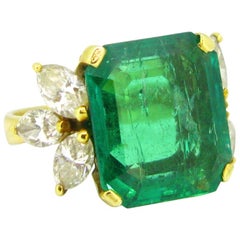 GCS 7.4ct Colombian Minor Emerald and Marquise Cut Diamonds Yellow Gold Ring