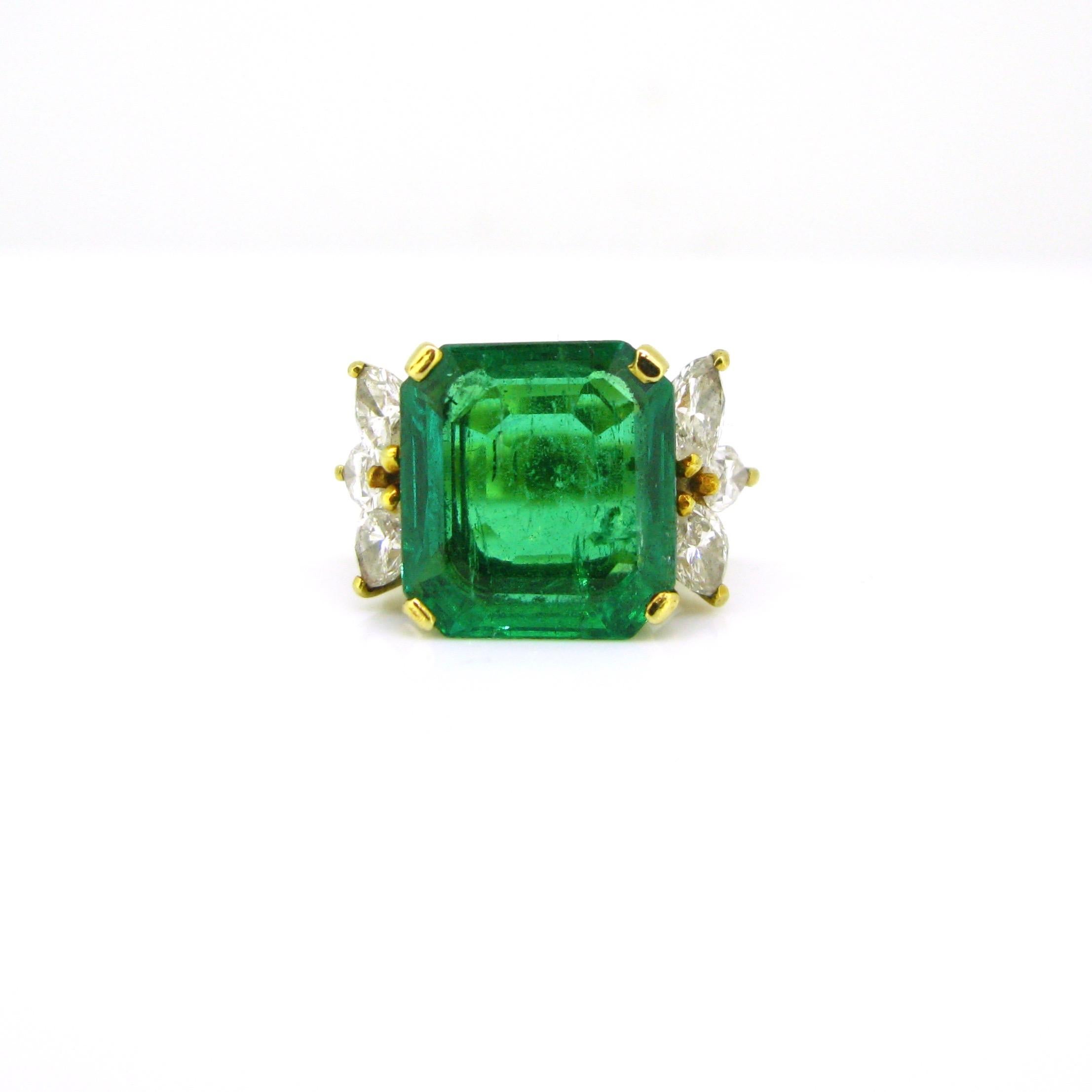 Emerald Cut GCS 7.4 Carat Colombian Minor Emerald and Marquise Cut Diamonds Yellow Gold Ring