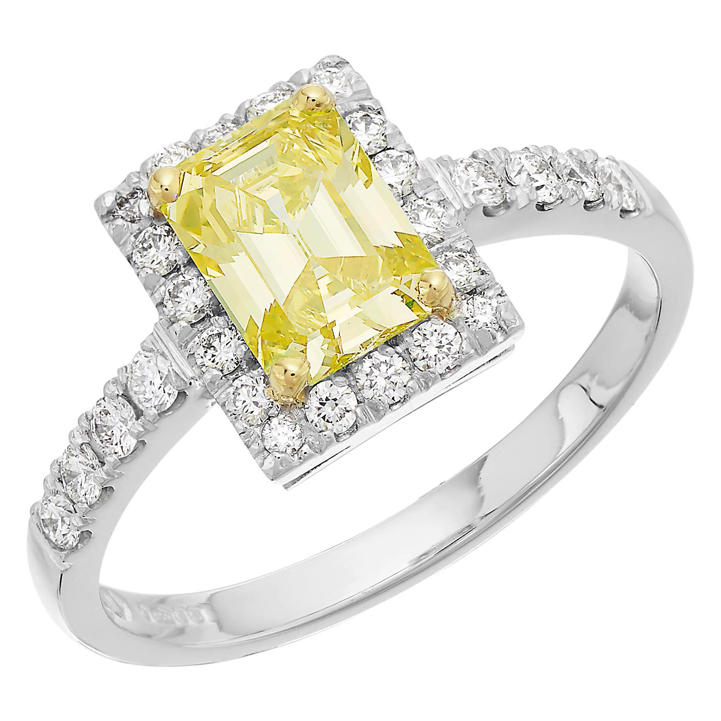 GCS Certified 1.05 ct Fancy Intense Yellow Diamond, Emerald Cut Ring in Platinum