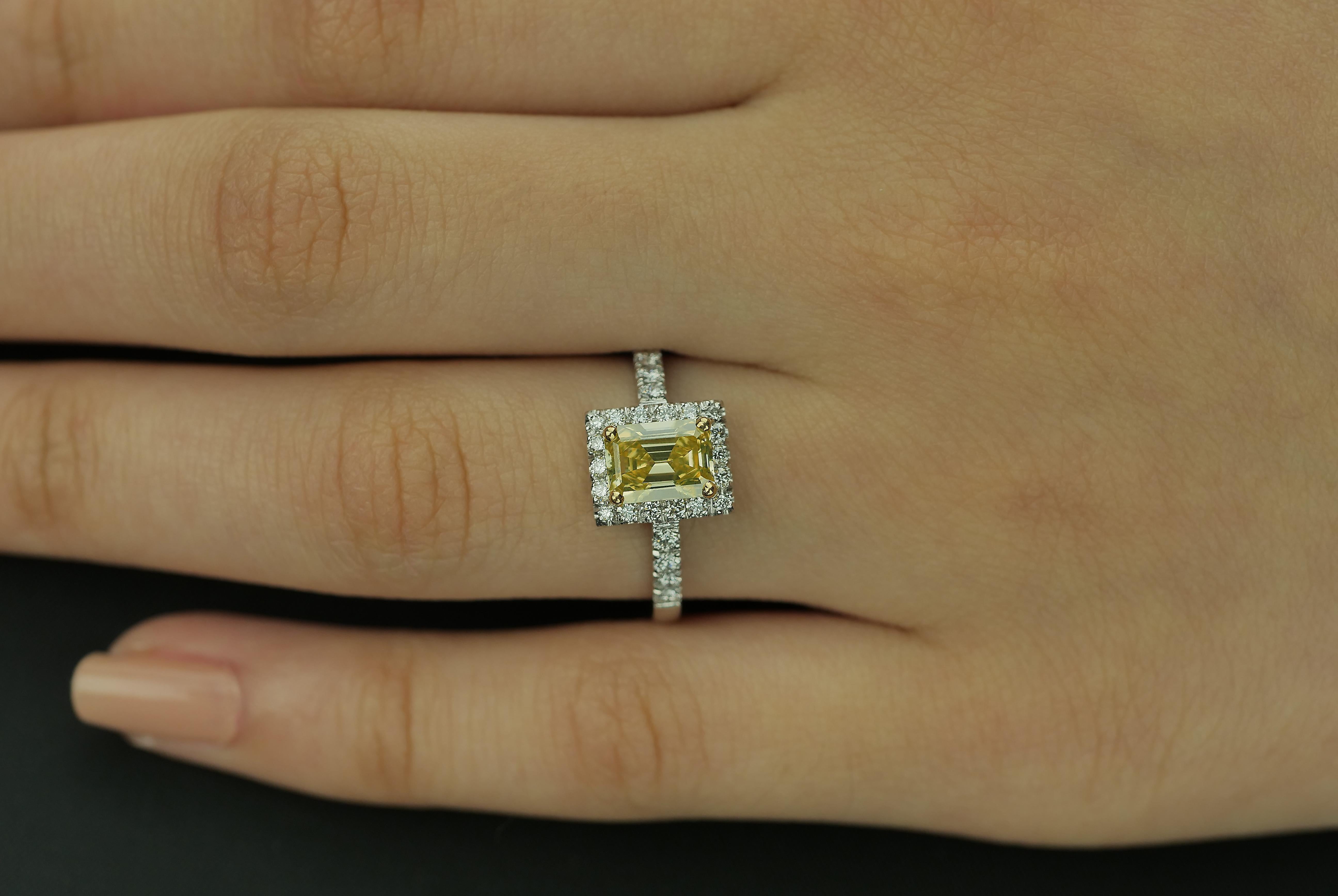 GCS Certified 1.05 ct Fancy Intense Yellow Diamond, Emerald Cut Ring in Platinum 1