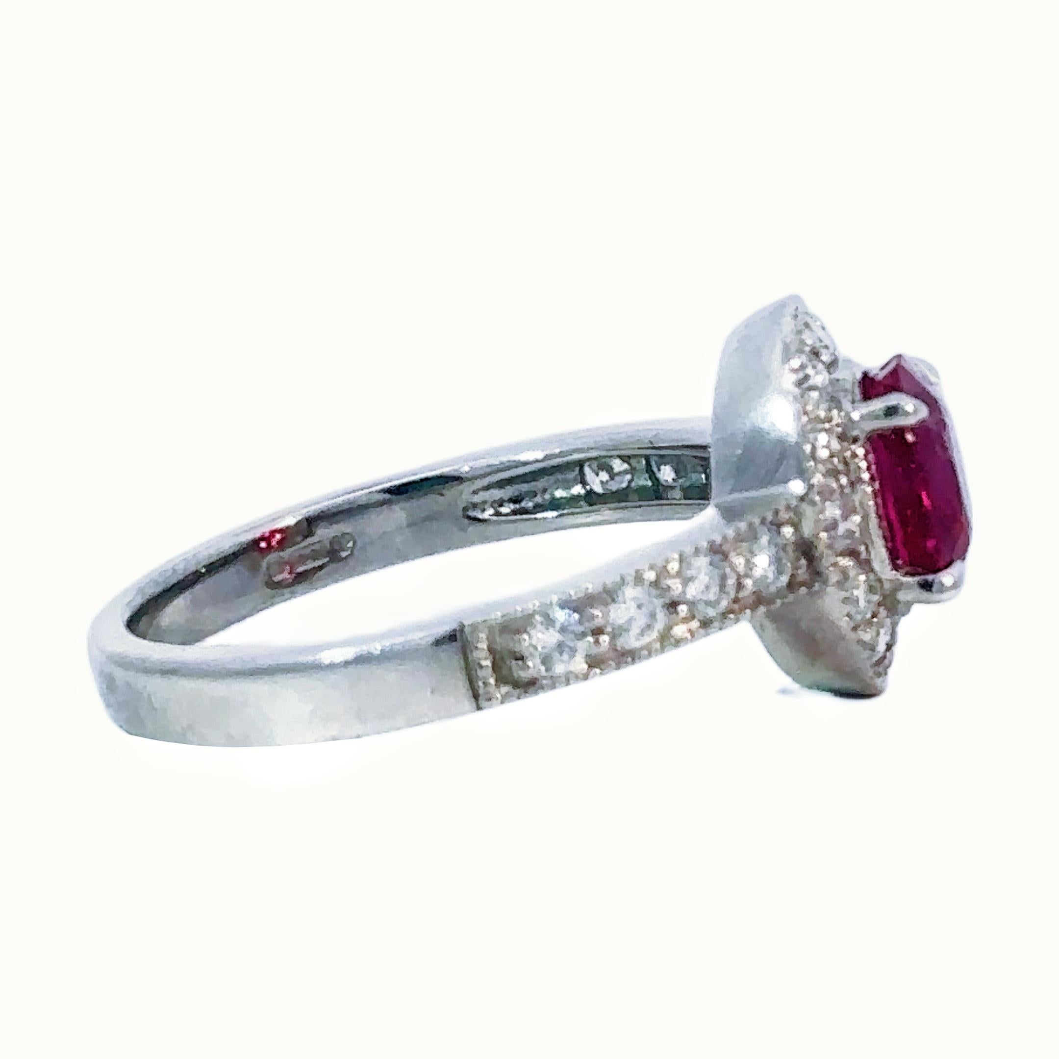 Cushion Cut GCS Certified 1.08 Carats Unheated Burma Ruby Diamond Ring For Sale