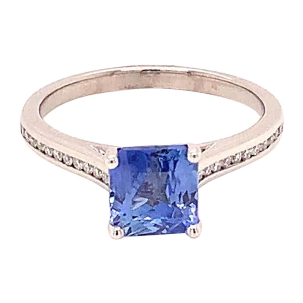 GCS Certified 2.04 Carat Square Cut Blue Sapphire and Diamond Ring in 18K Gold For Sale