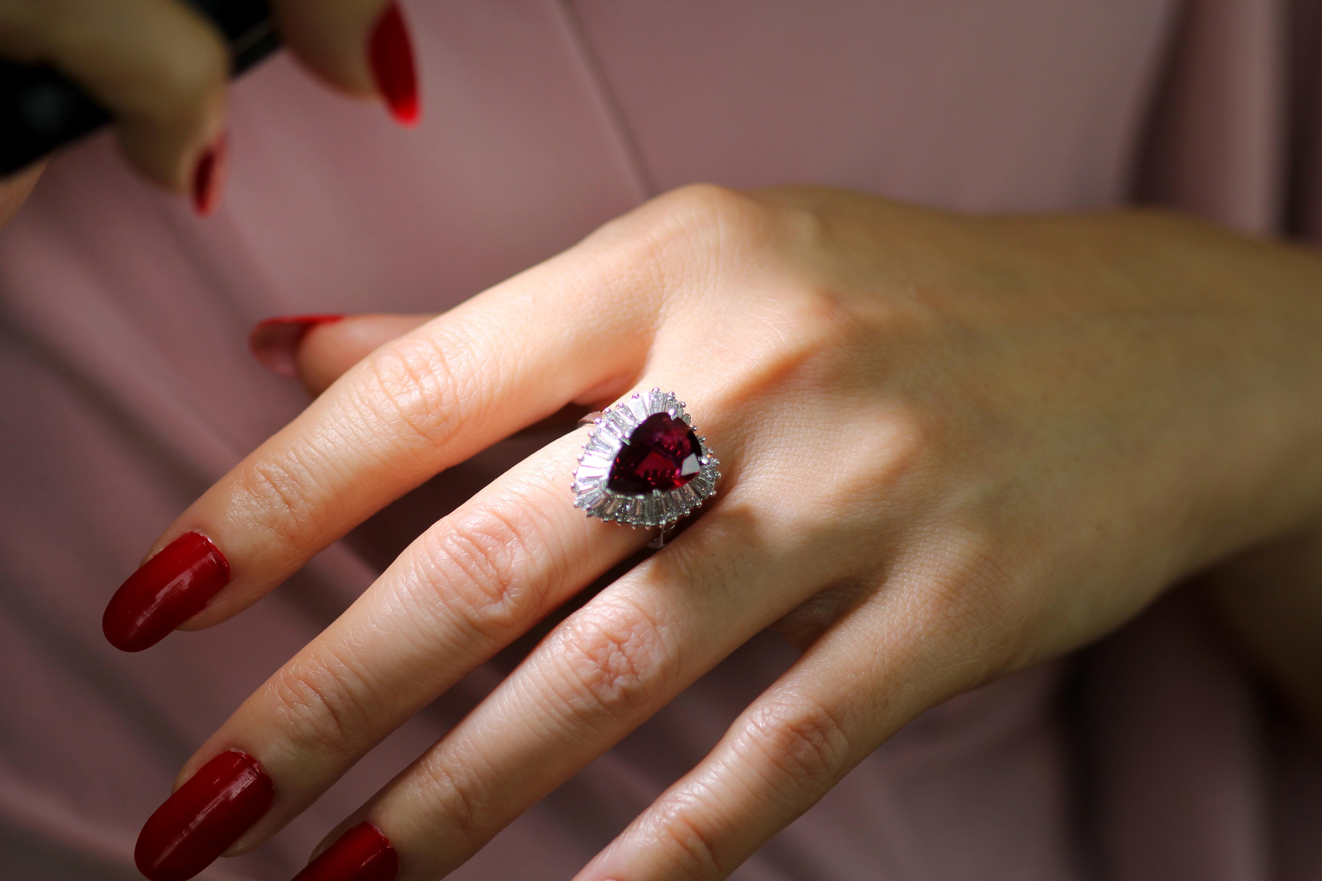 GCS Certified 3.6 Carat Natural Ruby and Diamond Pear Shape Cluster Ring 2