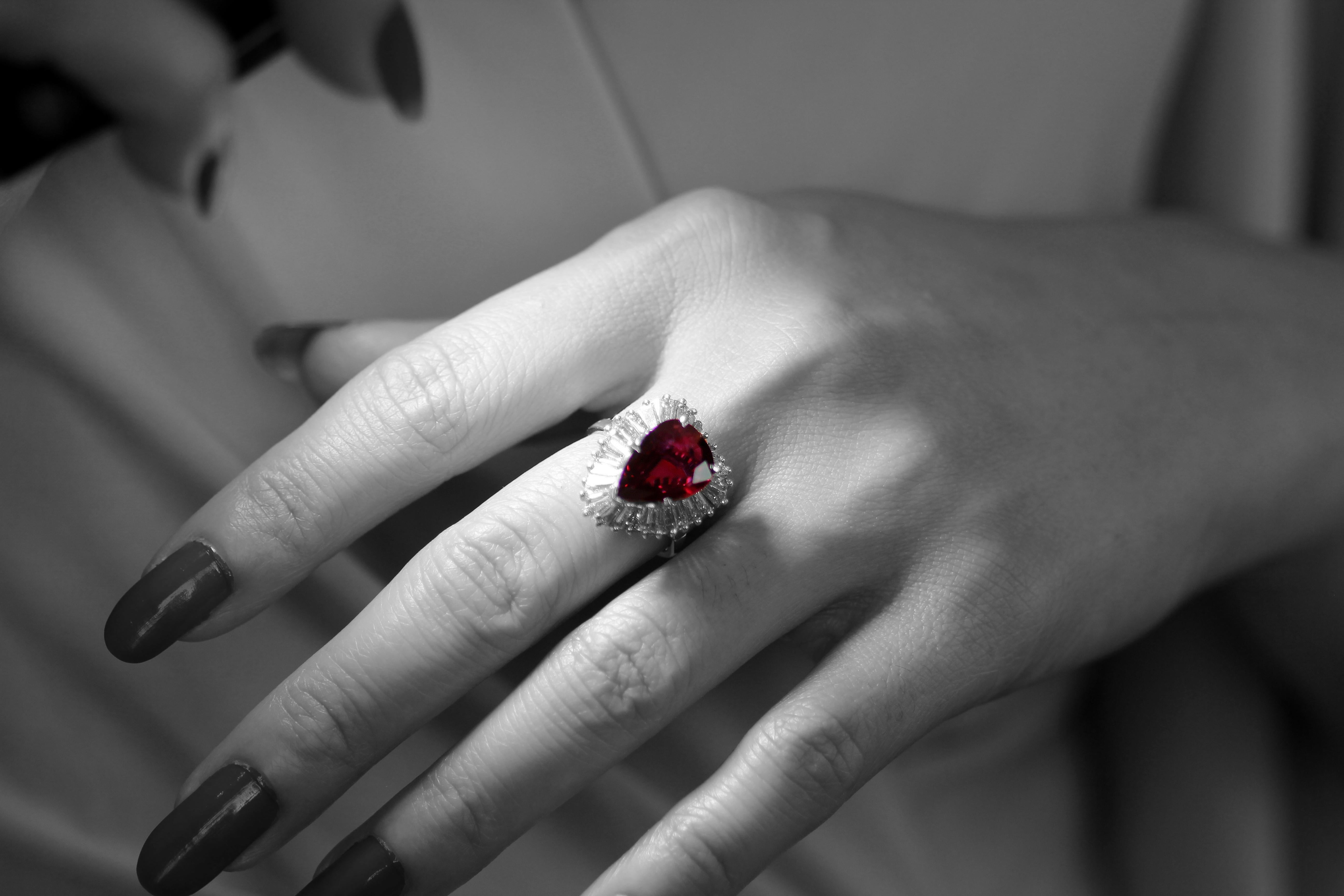 GCS Certified 3.6 Carat Natural Ruby and Diamond Pear Shape Cluster Ring 1