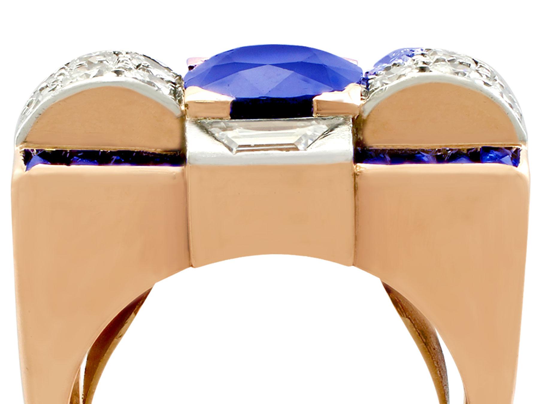 A stunning vintage Art Deco 3.72 carat sapphire and 1.20 carat diamond, 18 karat rose and white gold dress ring; part of our diverse gemstone estate jewelry collections

This stunning, fine and impressive Art Deco sapphire and diamond ring has been