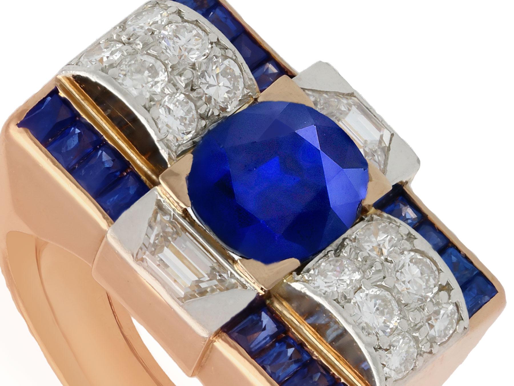 Art Deco GCS Certified 3.72 carat Sapphire and Diamond Rose Gold Cocktail Ring