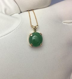 GCS Certified 4.90ct Untreated Jadeite Jade Cabochon 14k Gold Solitaire Pendant