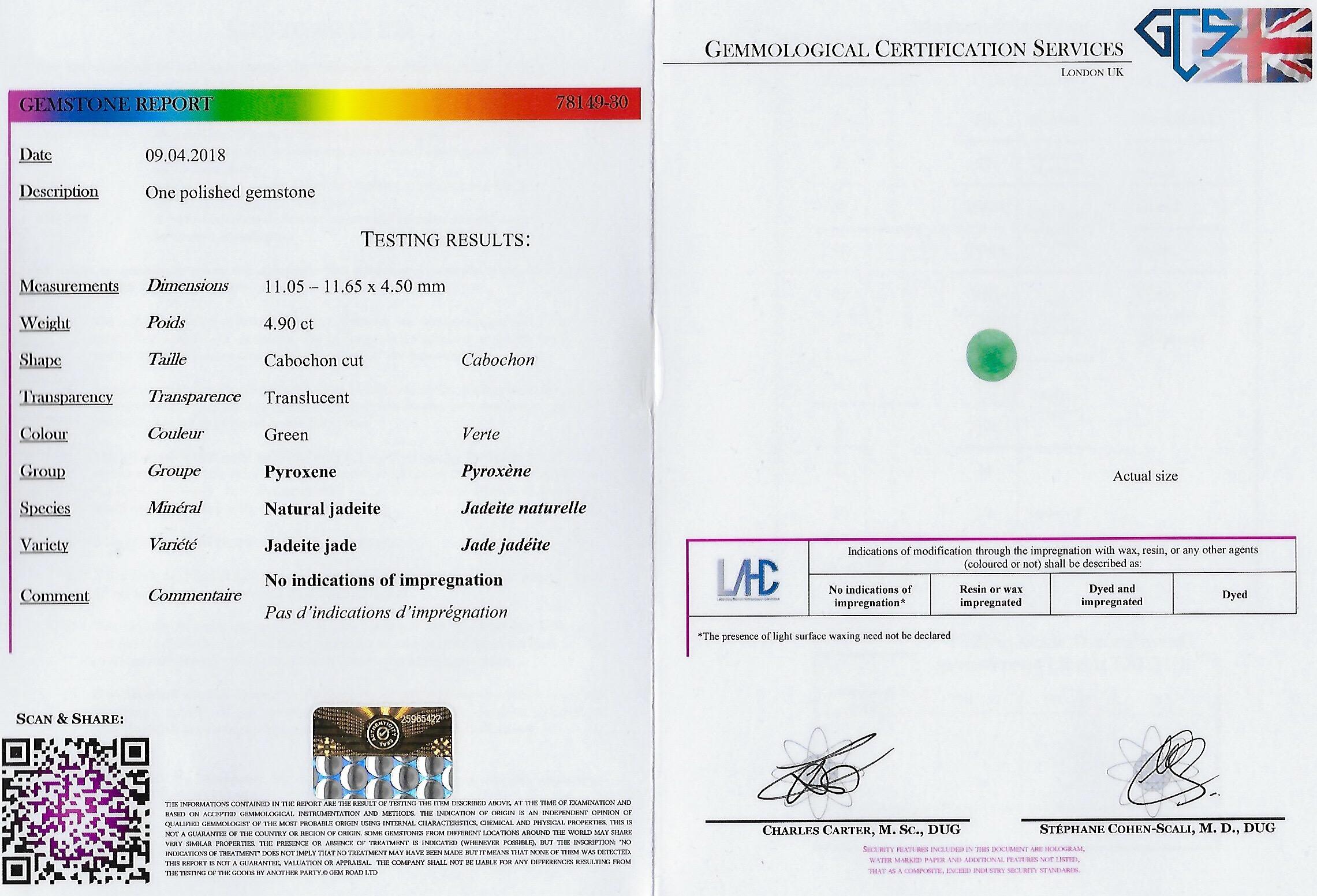 GCS Certified 4.90ct Untreated Jadeite Jade Cabochon 14k Gold Solitaire Pendant  2