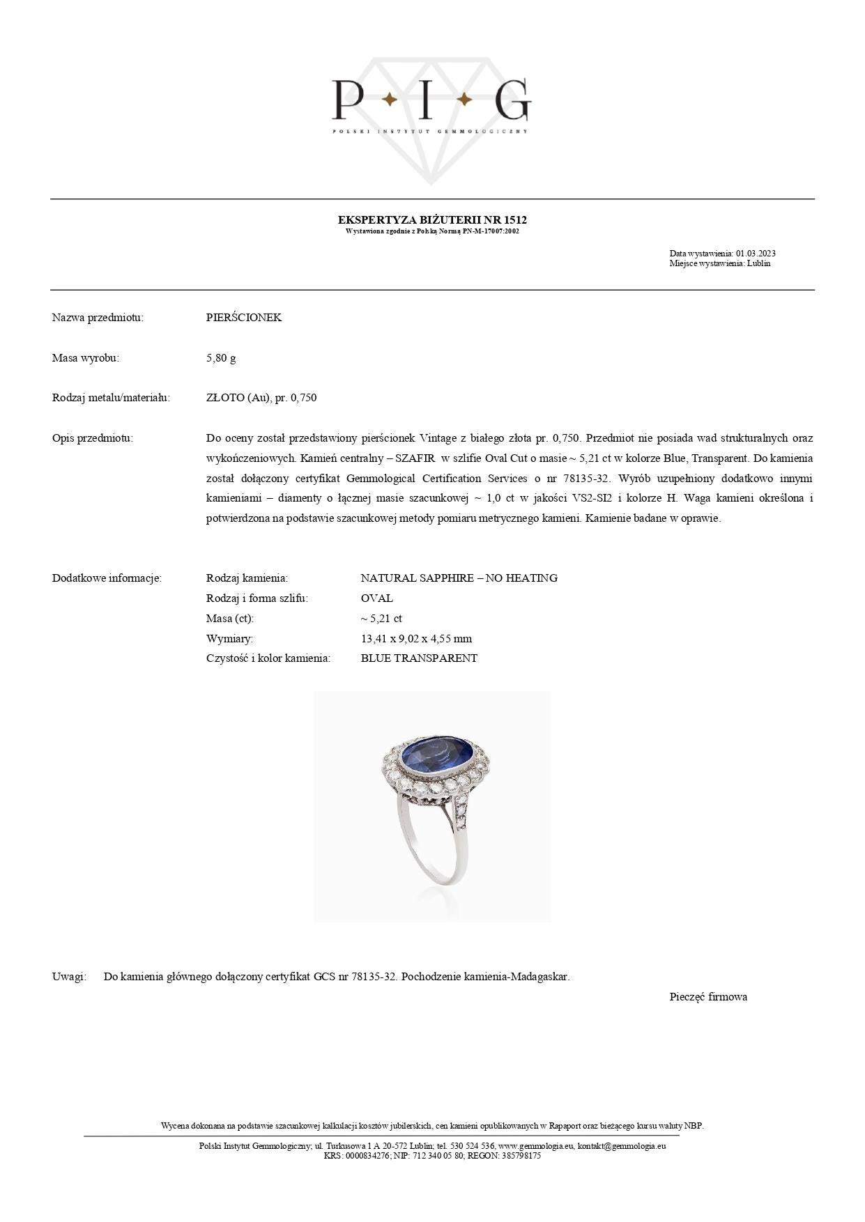 Bague certifiée GCS de 5,21 ct de saphir bleu non chauffé et de 1,00 ct de diamant en 18 K K K Neuf - En vente à Warszawa, PL