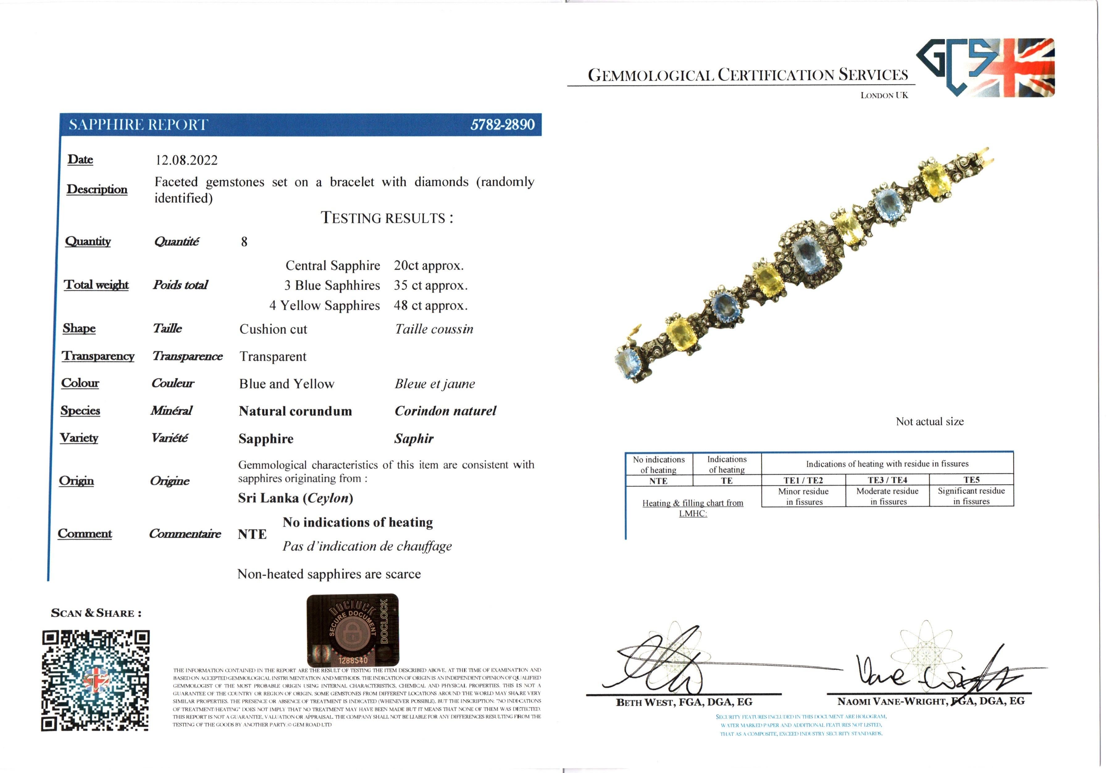 GCS Certified Ceylon Cornflower Blue and Fancy Yellow Sapphire Bracelet For Sale 2