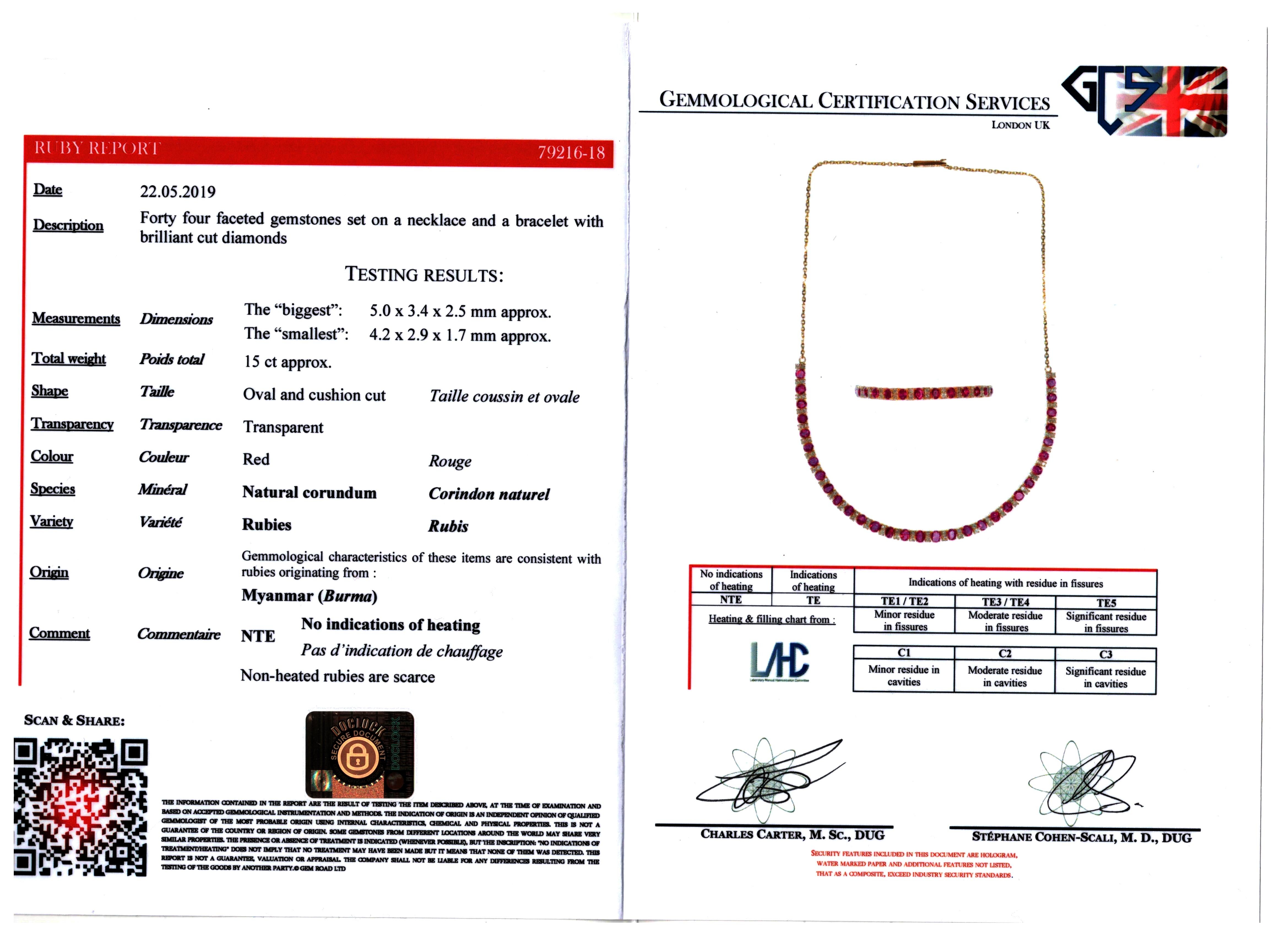 GCS-zertifizierte natürliche birmanische/Myanmar Rubin- und Diamant-Halskette und Armband  im Angebot 7